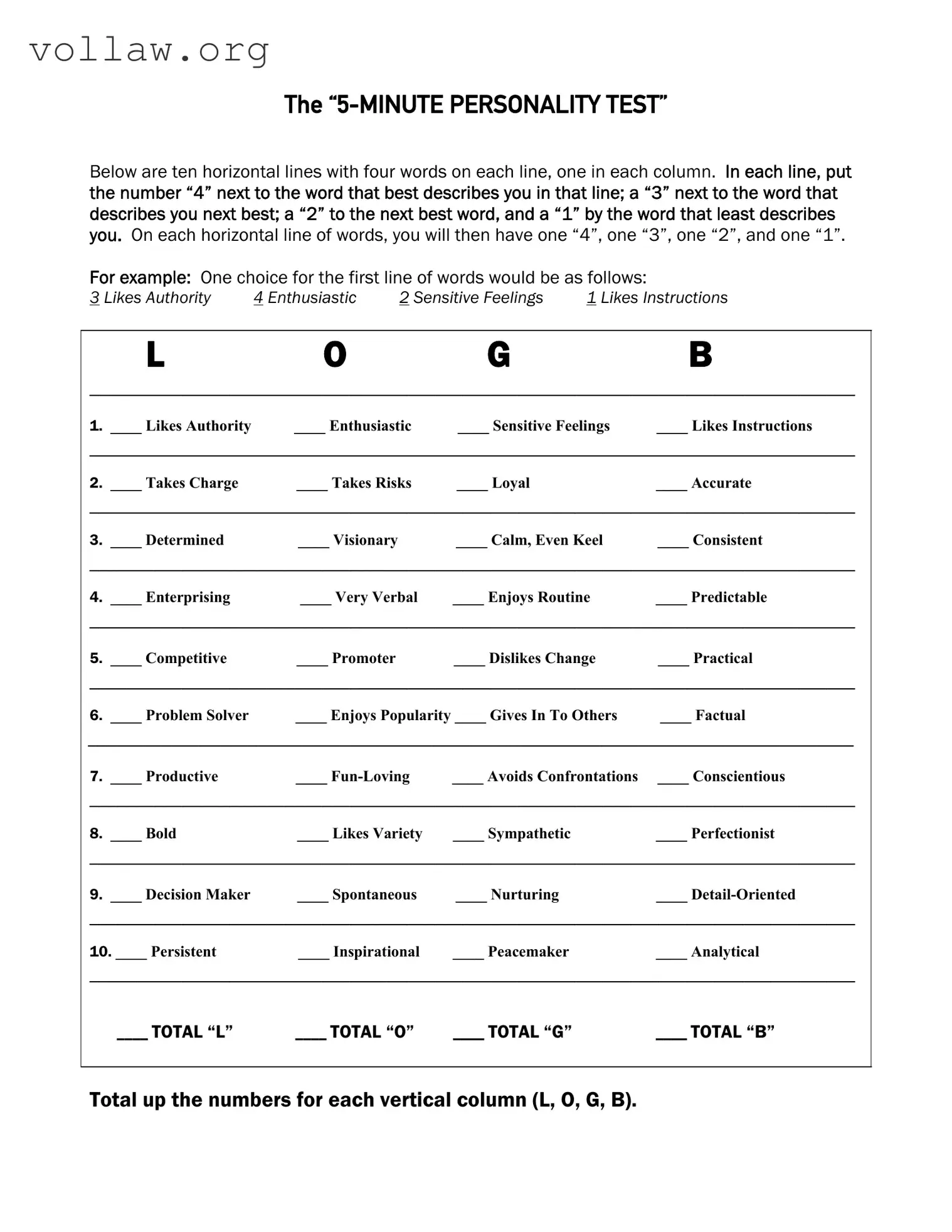 5 Minute Personality Test Template