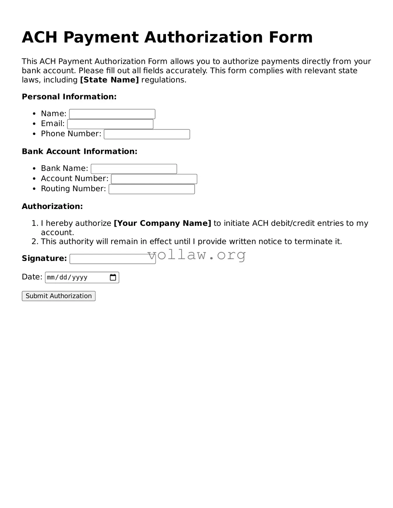 Free ACH Payment Authorization Form Form