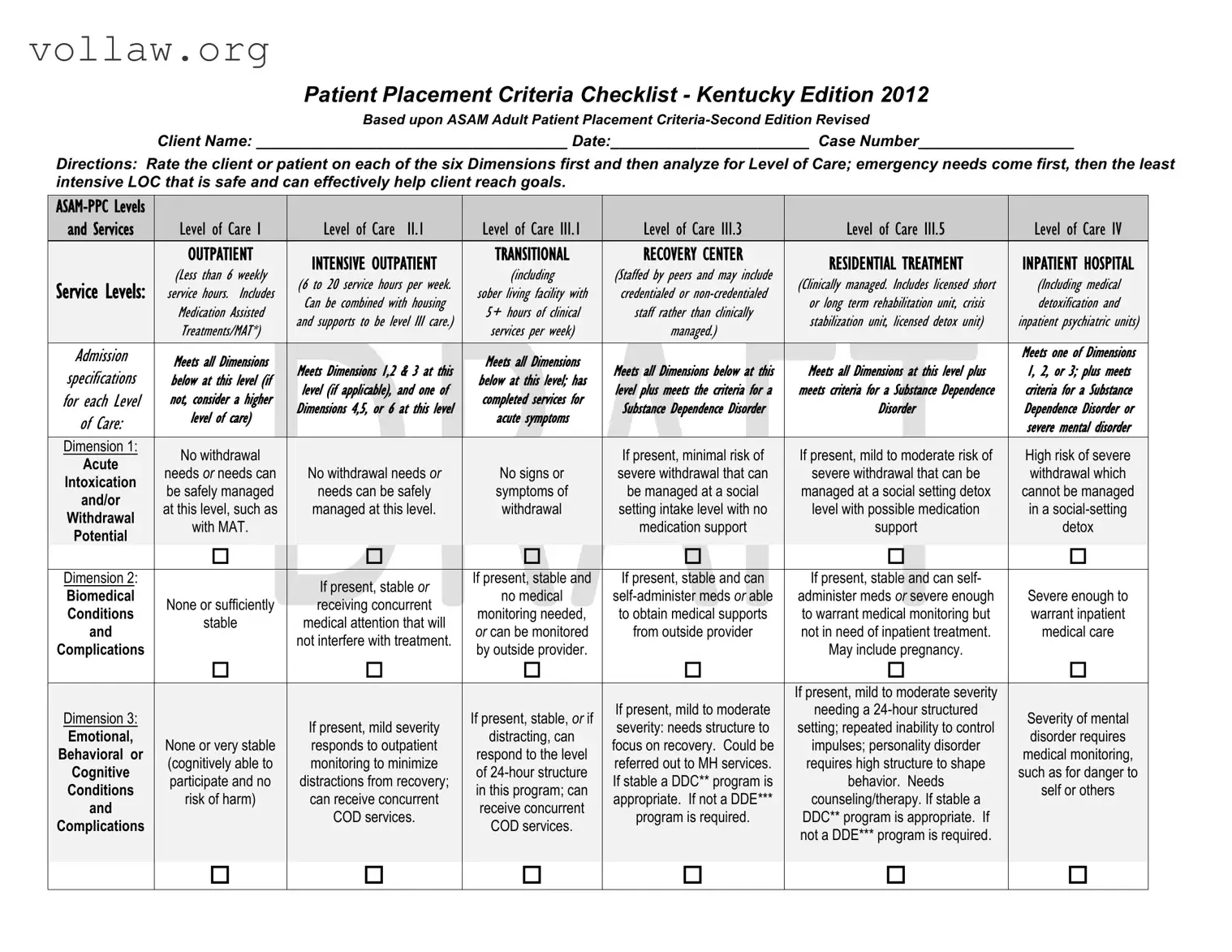 Asam Level Of Care Cheat Sheet Template