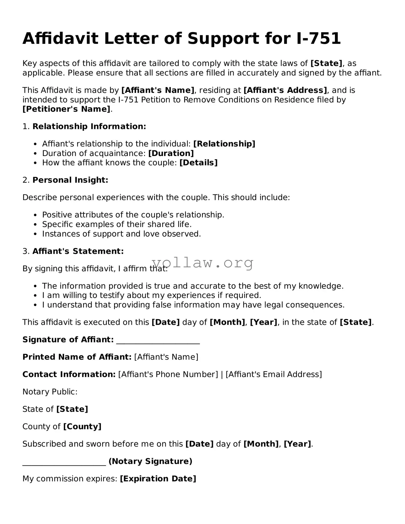 Free Affidavit Letter of Support for I-751 Form