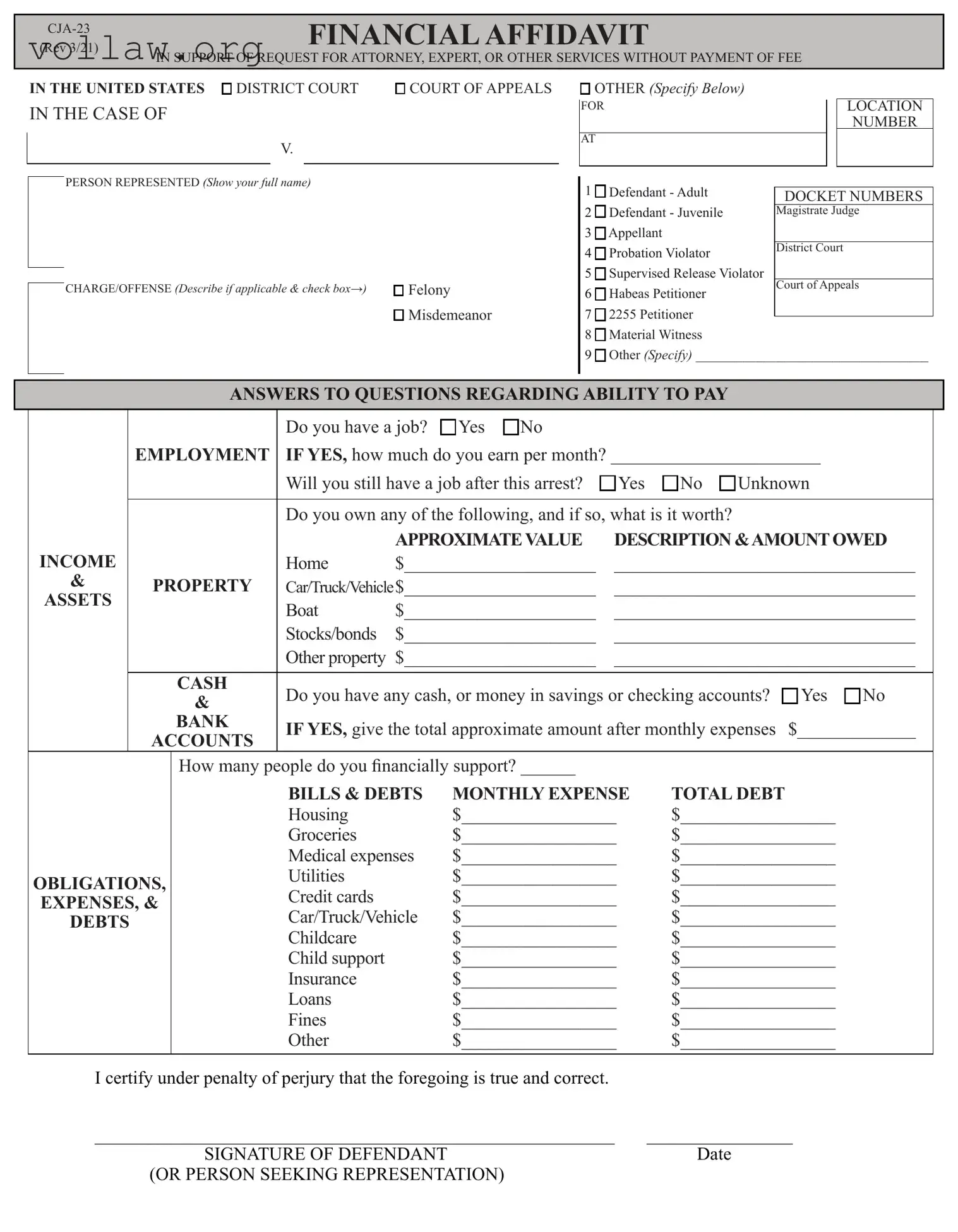 Financial Affidavit CJA-23 Template