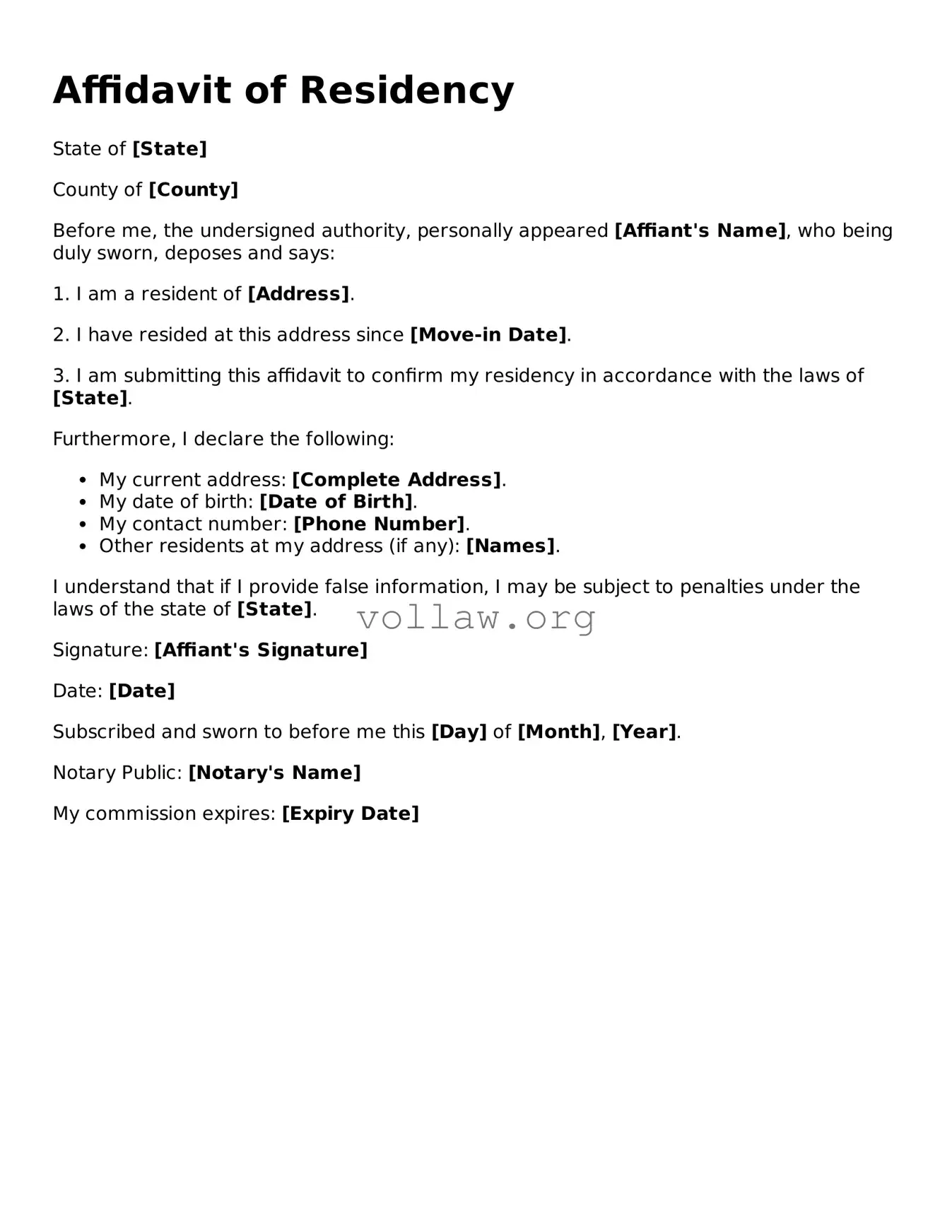 Free Affidavit of Residency Form