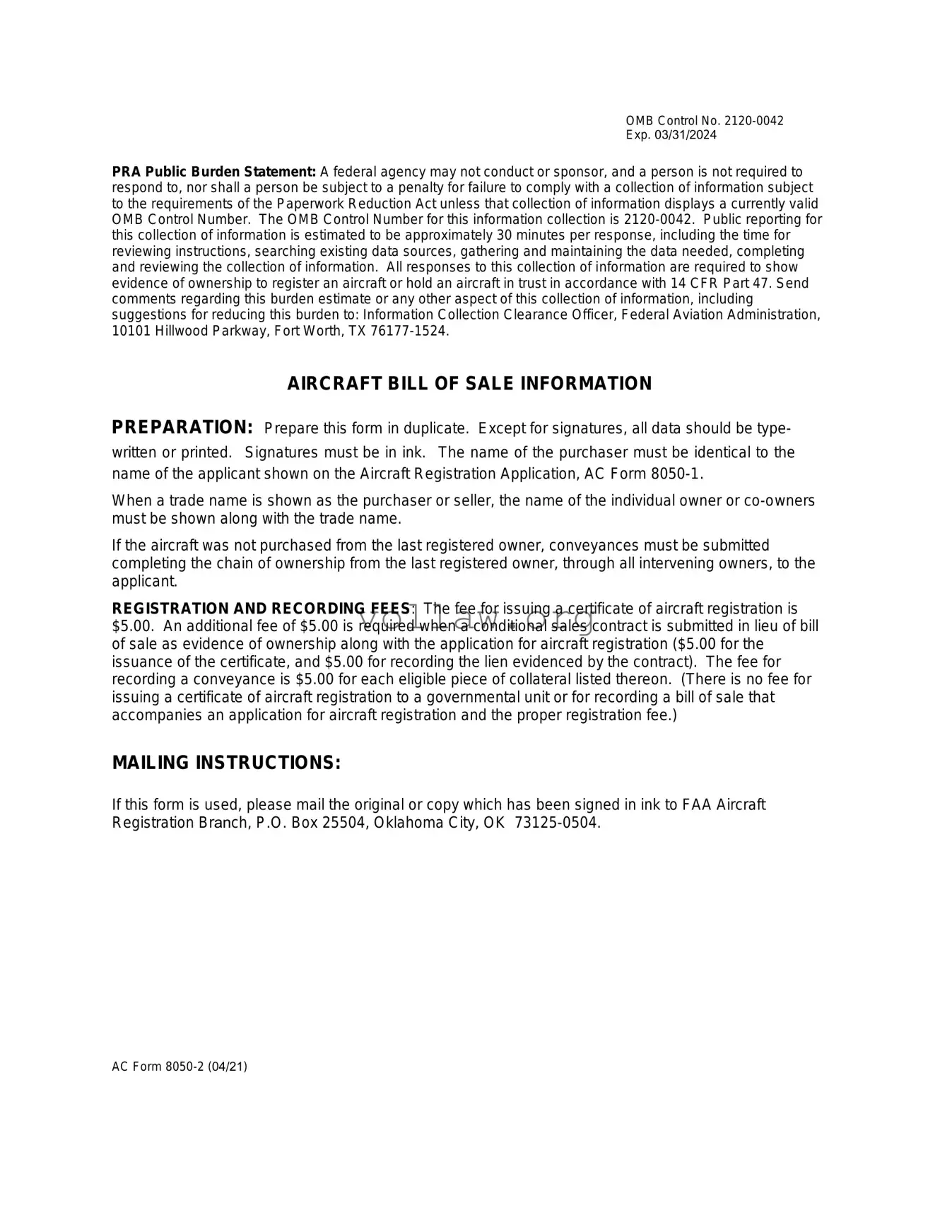 Aircraft Bill of Sale AC 8050-2 Template