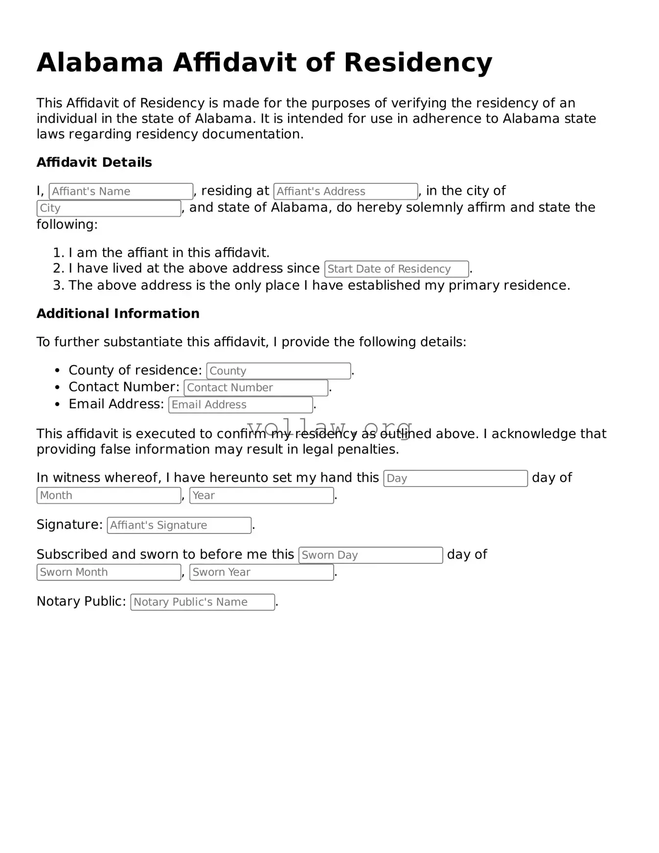 Attorney-Verified  Affidavit of Residency Form for Alabama
