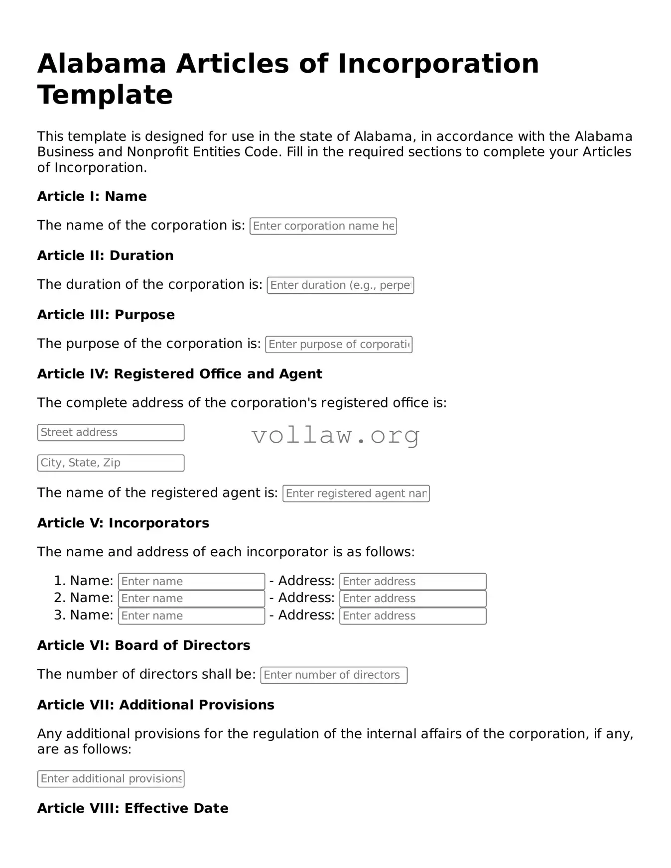 Attorney-Verified  Articles of Incorporation Form for Alabama