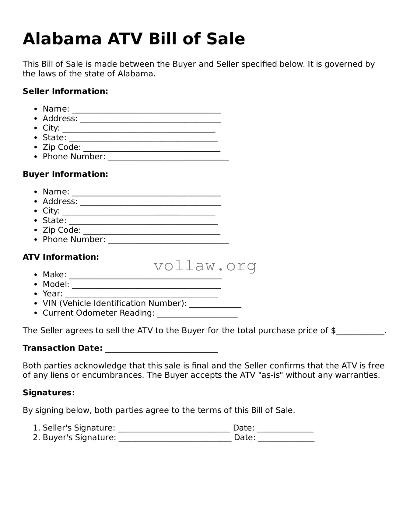 Attorney-Verified  ATV Bill of Sale Form for Alabama