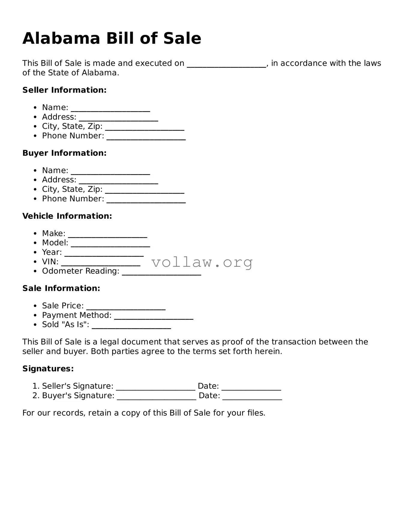 Attorney-Verified  Bill of Sale Form for Alabama