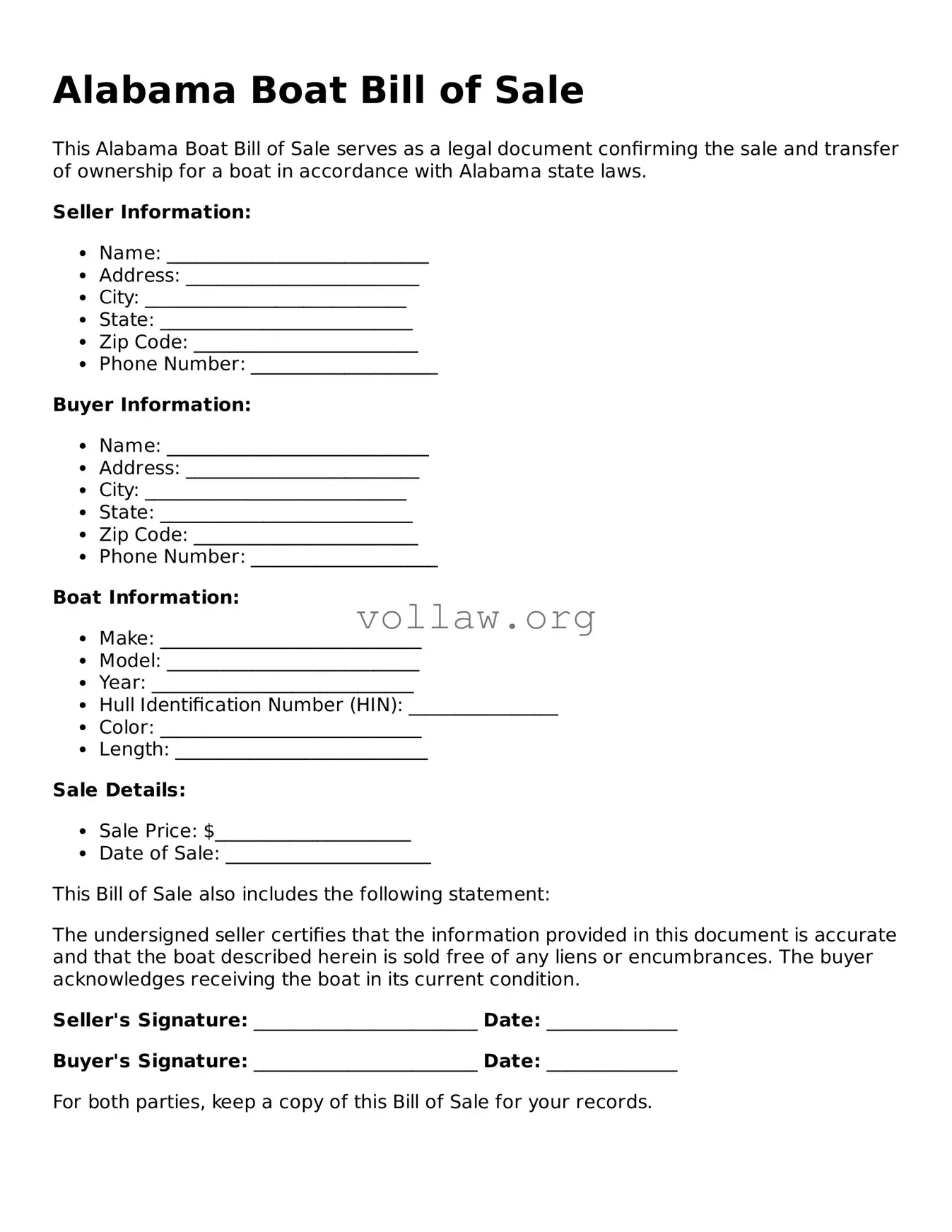 Attorney-Verified  Boat Bill of Sale Form for Alabama