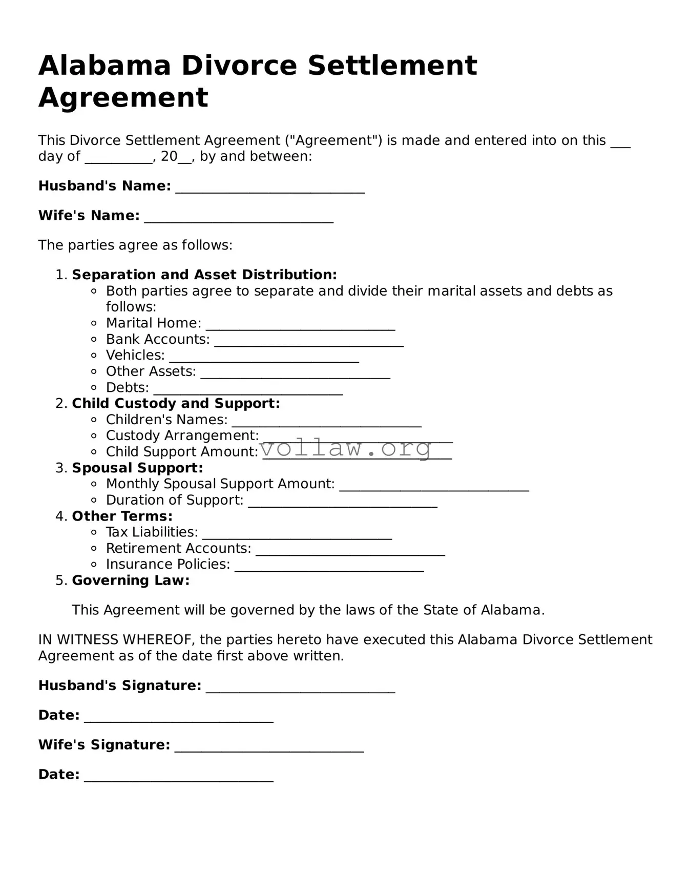 Attorney-Verified  Divorce Settlement Agreement Form for Alabama
