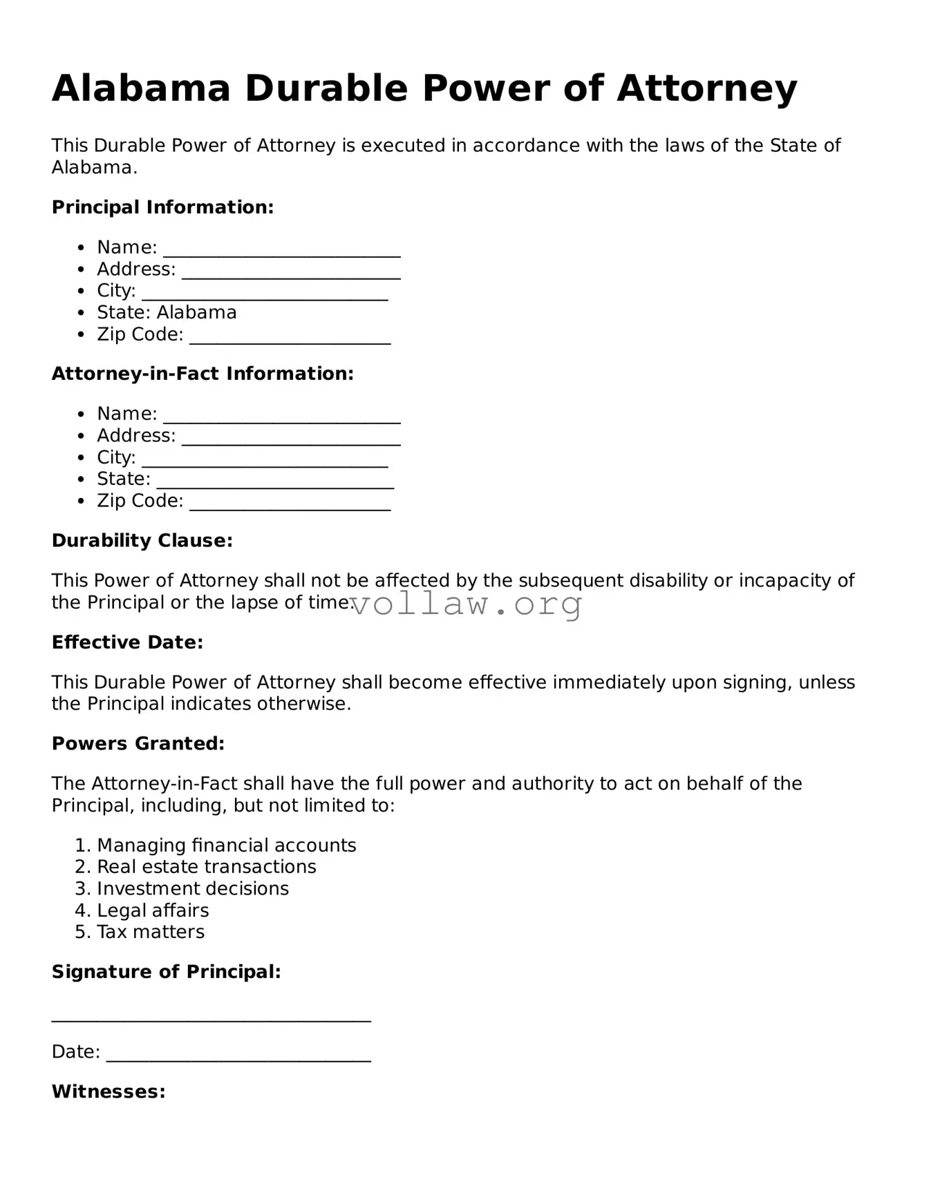 Attorney-Verified  Durable Power of Attorney Form for Alabama