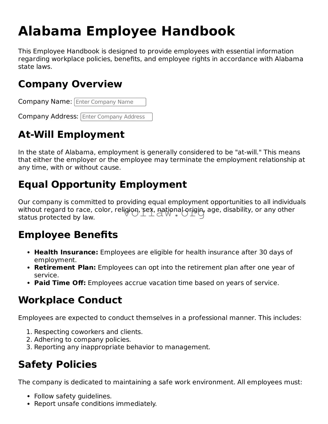 Attorney-Verified  Employee Handbook Form for Alabama