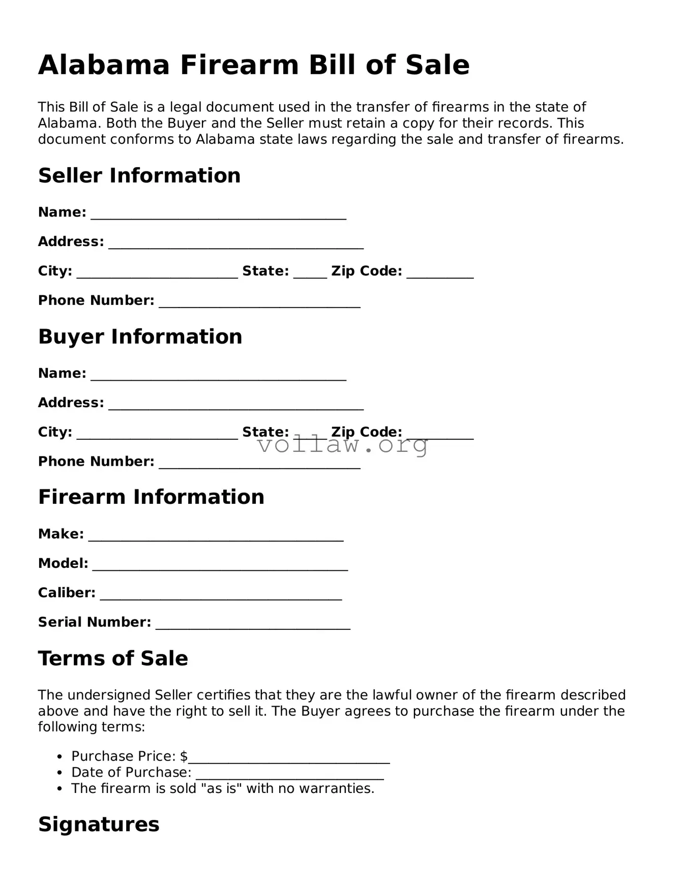 Attorney-Verified  Firearm Bill of Sale Form for Alabama
