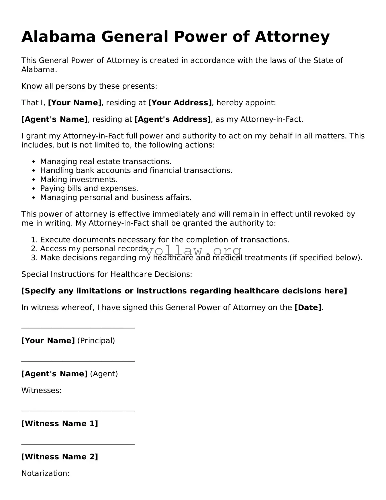 Attorney-Verified  General Power of Attorney Form for Alabama