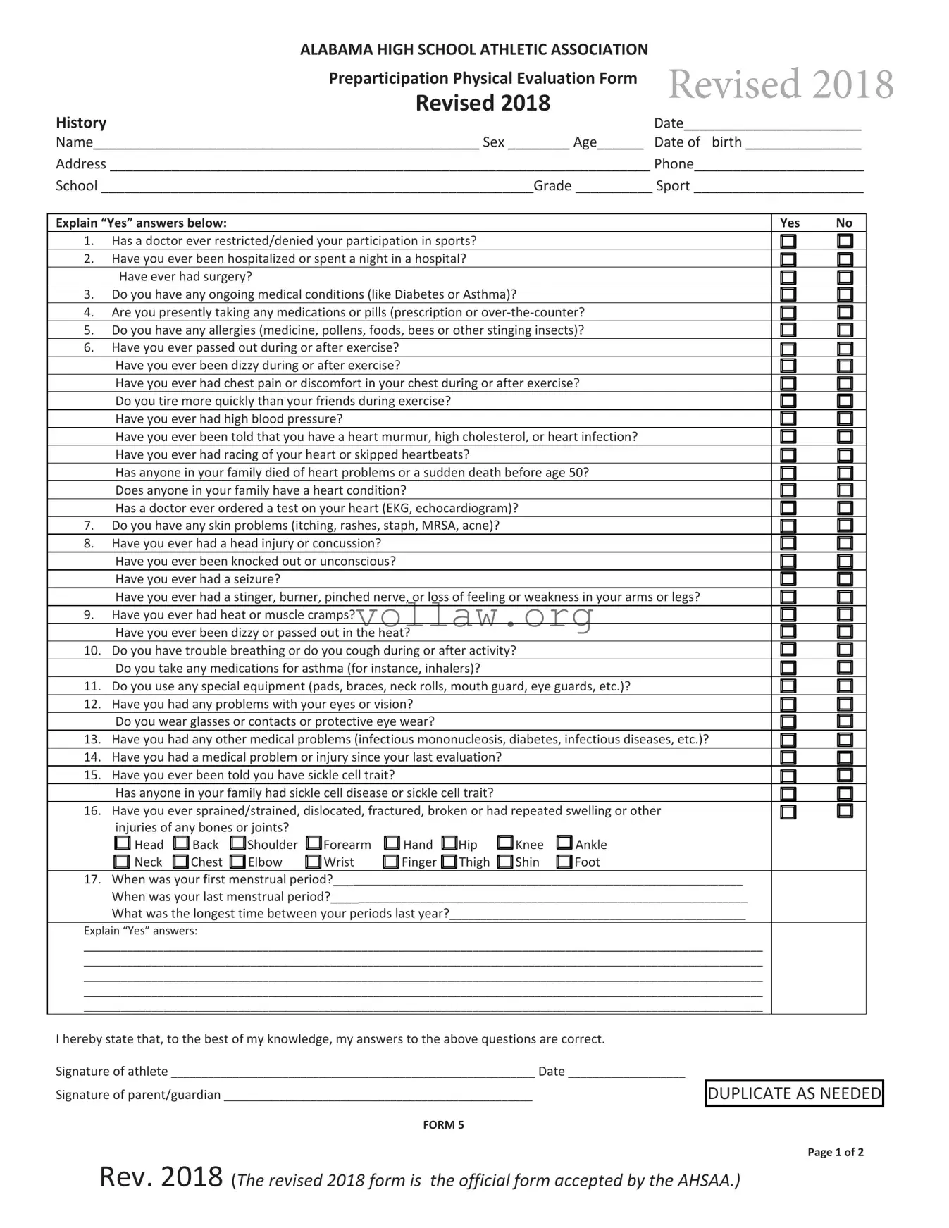 Alabama High School Physical Template