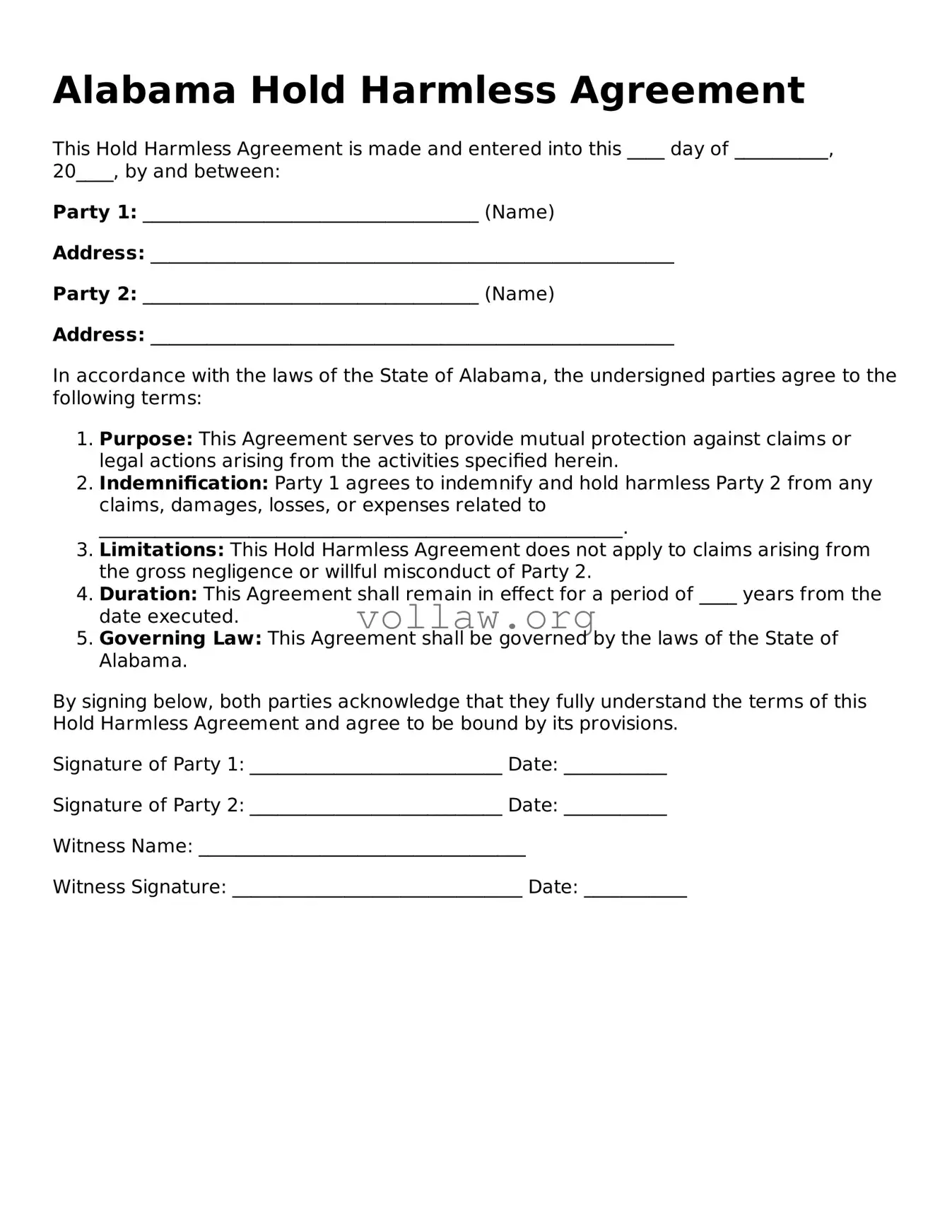 Attorney-Verified  Hold Harmless Agreement Form for Alabama