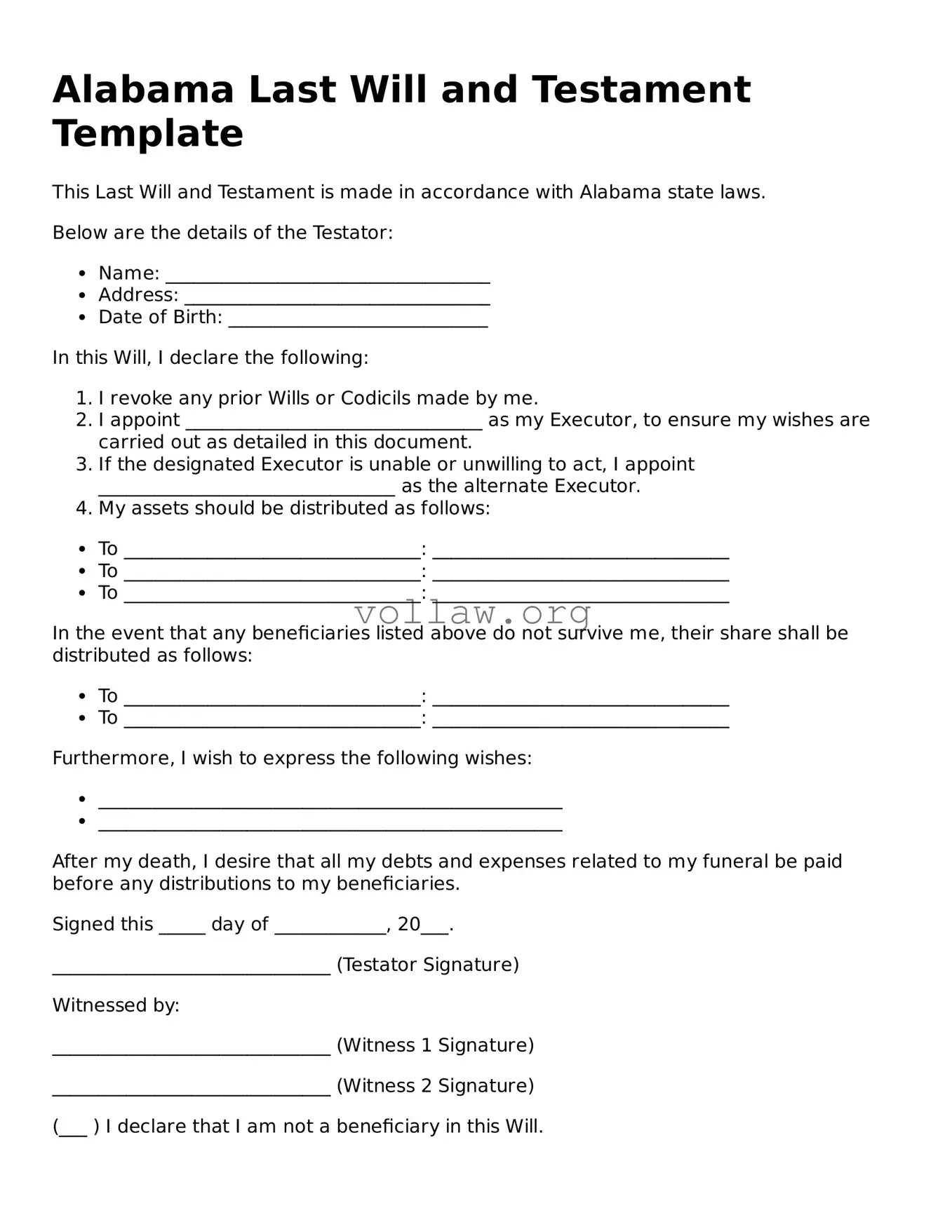 Attorney-Verified  Last Will and Testament Form for Alabama
