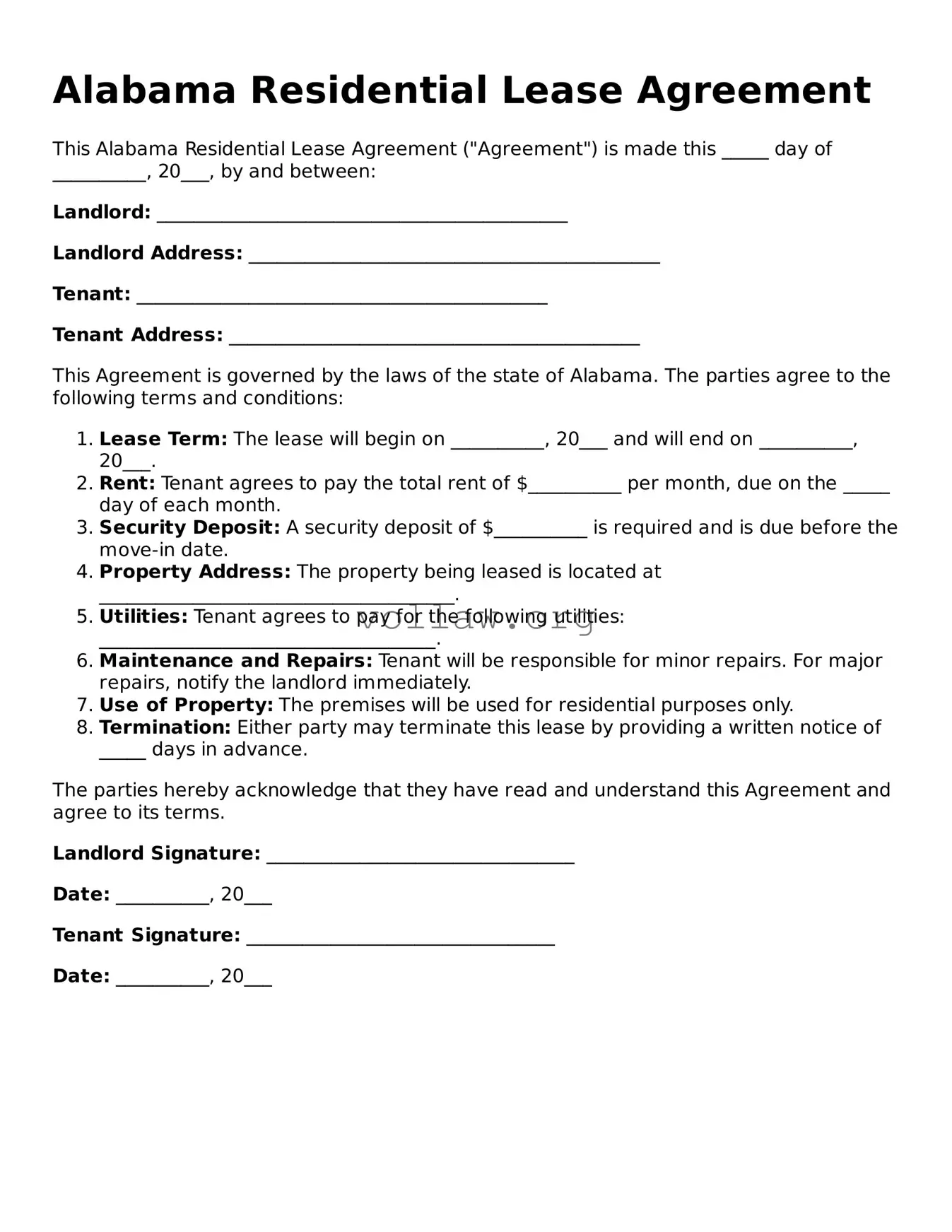 Attorney-Verified  Lease Agreement Form for Alabama