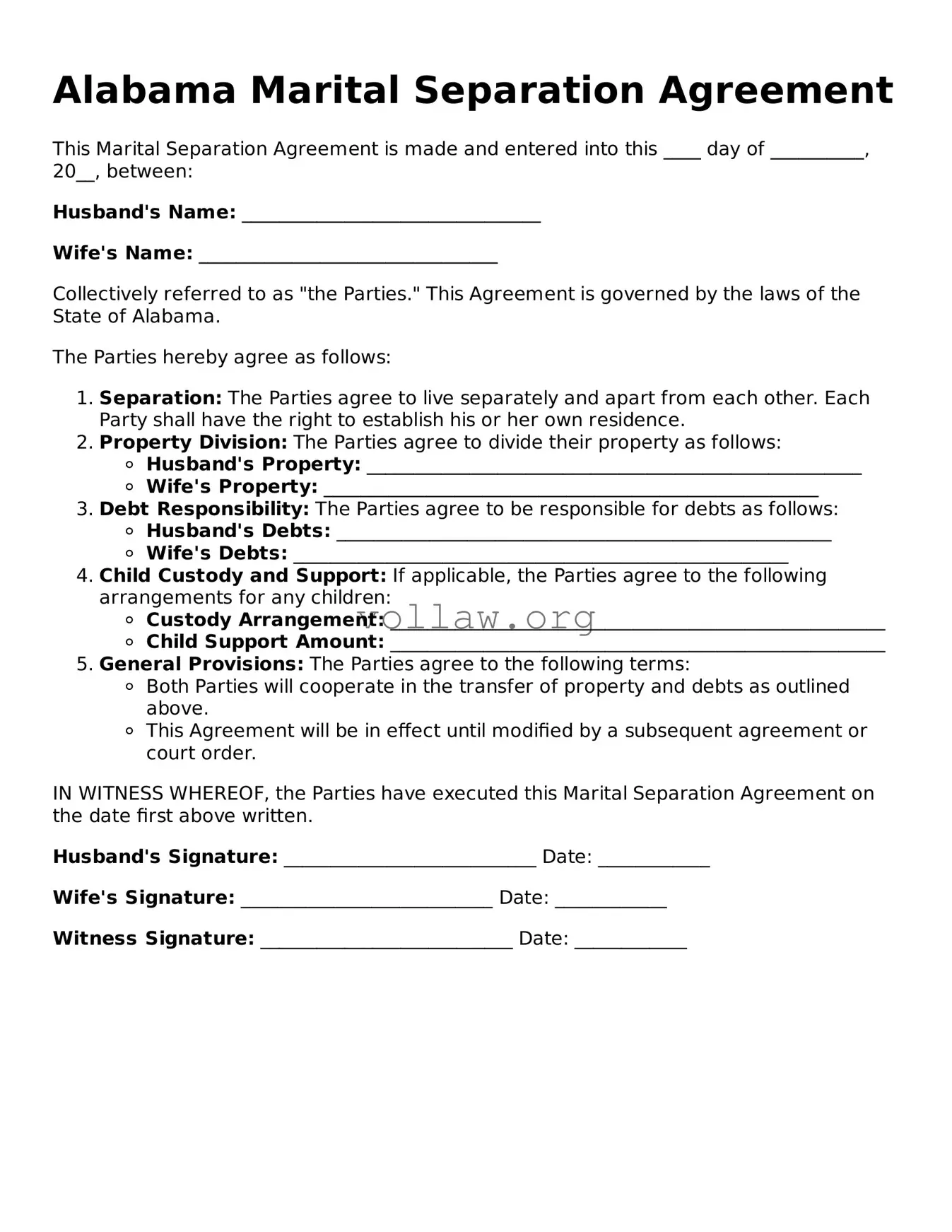 Attorney-Verified  Marital Separation Agreement Form for Alabama