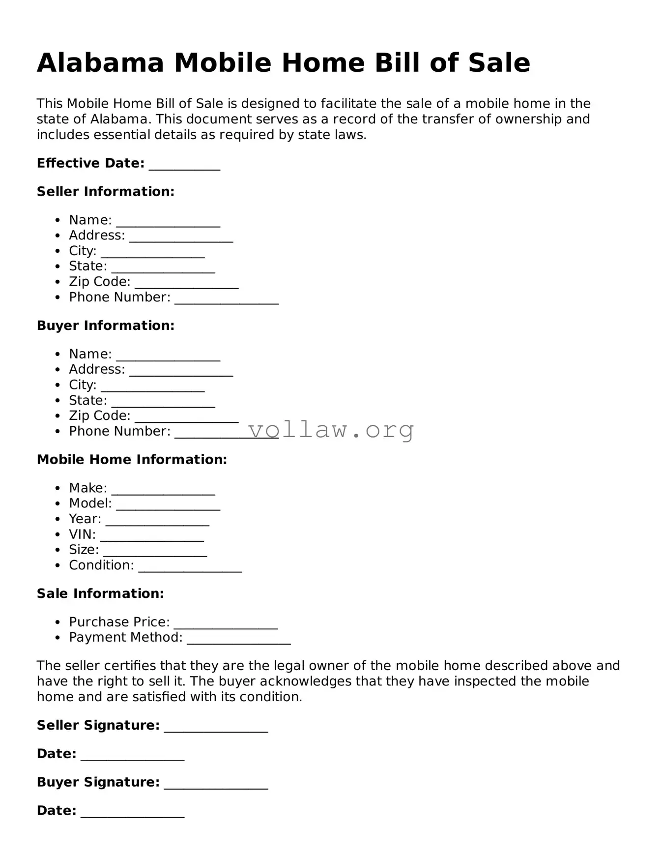 Attorney-Verified  Mobile Home Bill of Sale Form for Alabama