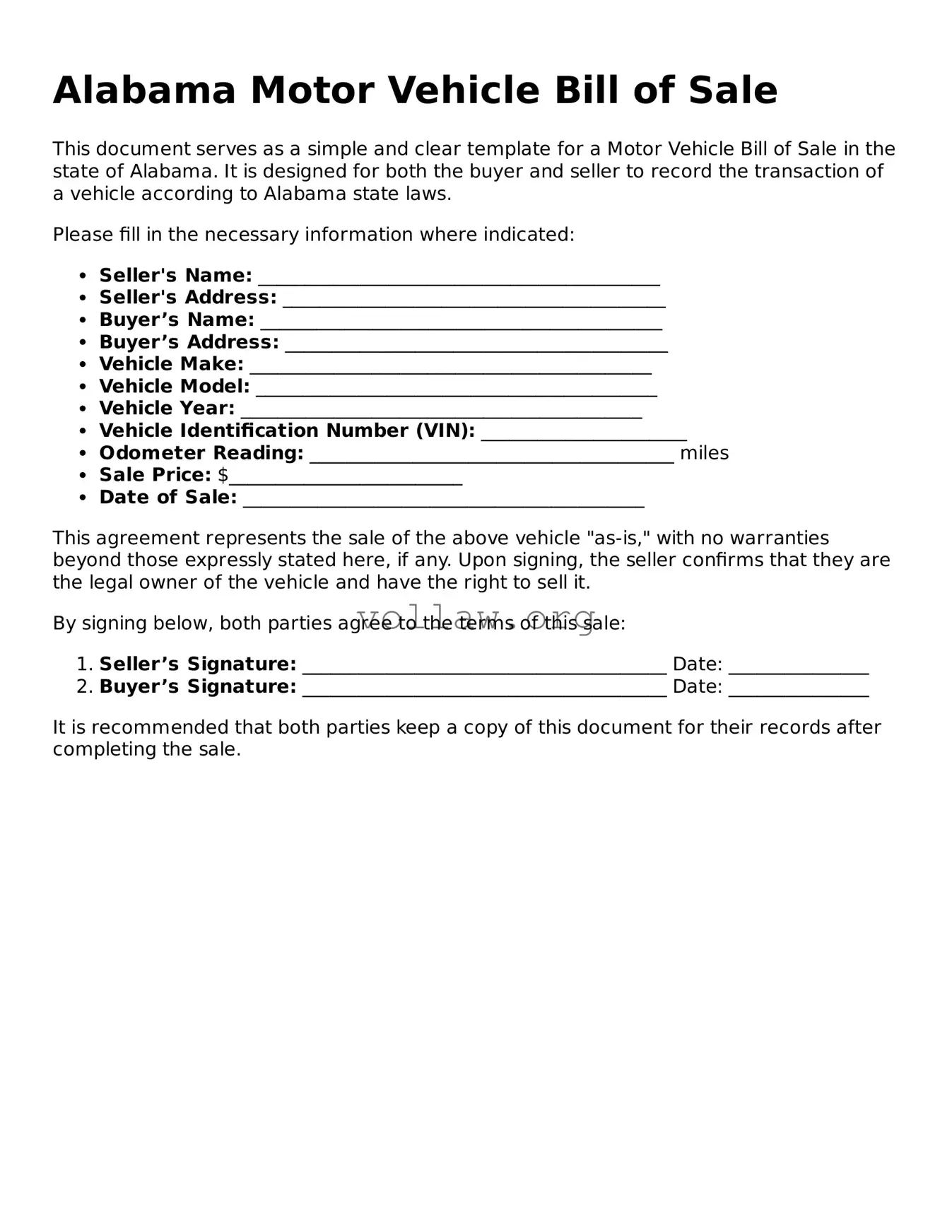 Attorney-Verified  Motor Vehicle Bill of Sale Form for Alabama