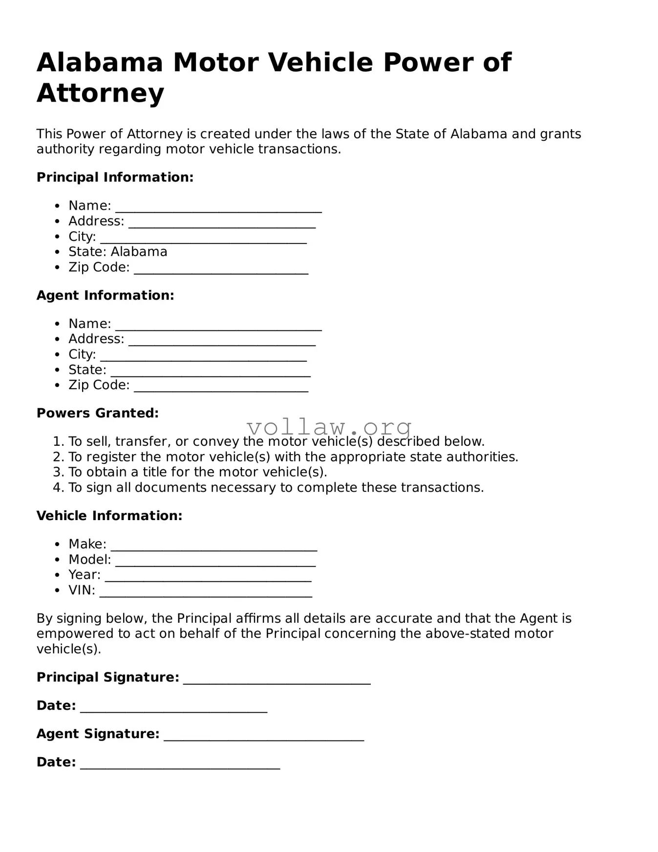 Attorney-Verified  Motor Vehicle Power of Attorney Form for Alabama
