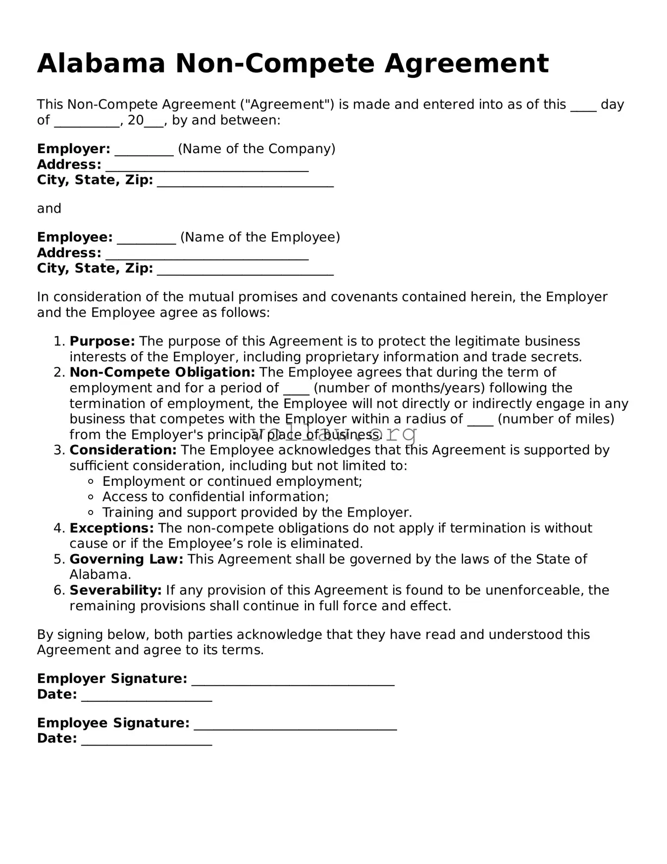 Attorney-Verified  Non-compete Agreement Form for Alabama