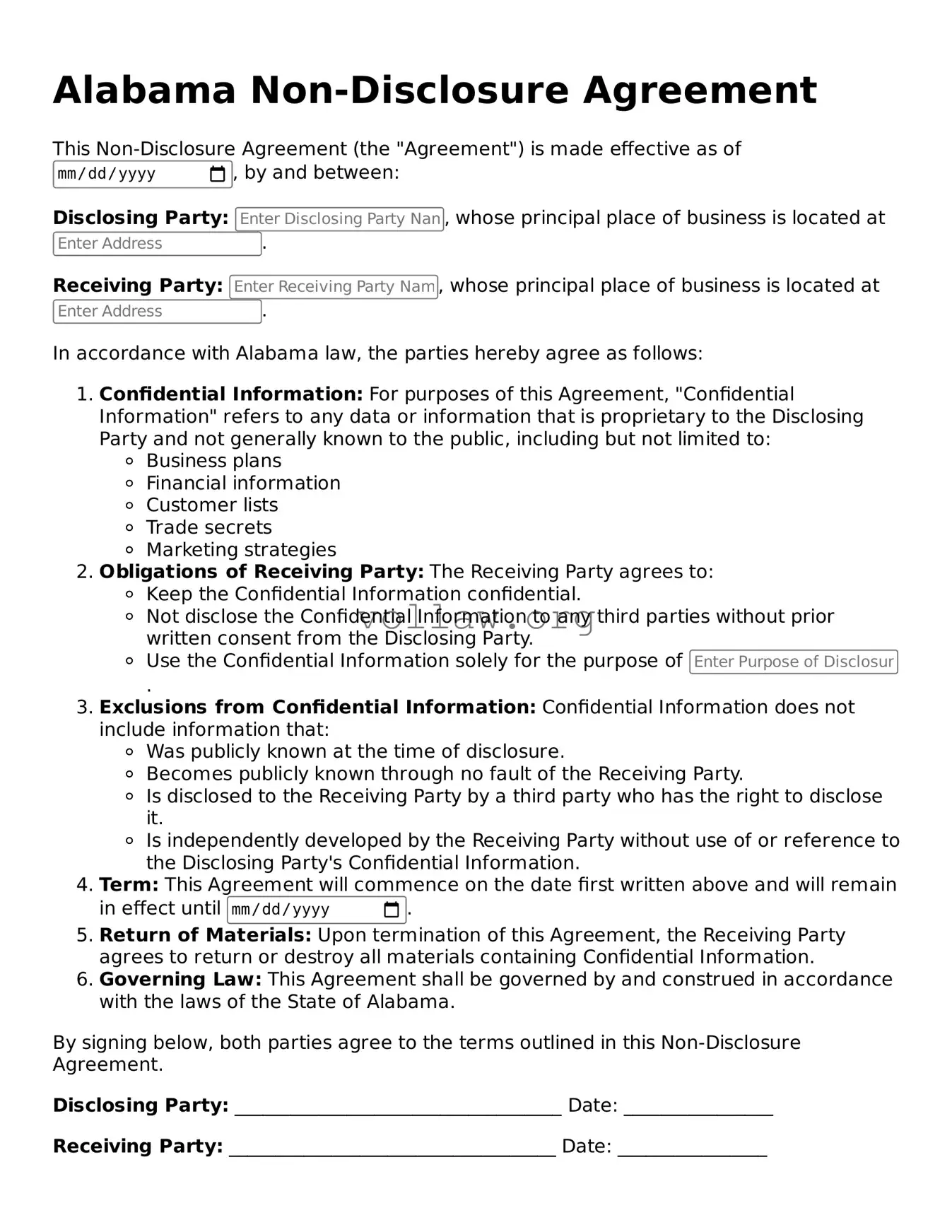 Attorney-Verified  Non-disclosure Agreement Form for Alabama