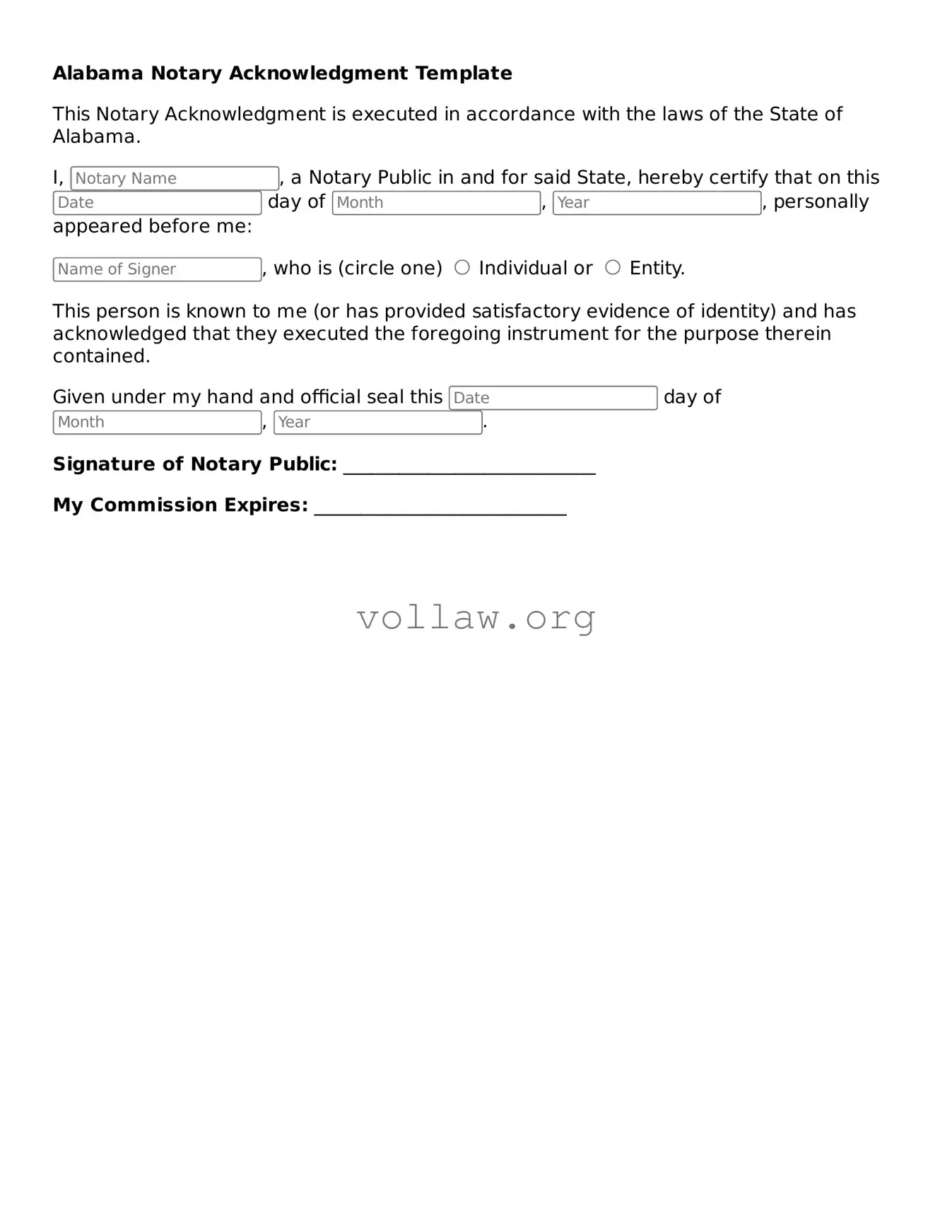 Attorney-Verified  Notary Acknowledgement Form for Alabama