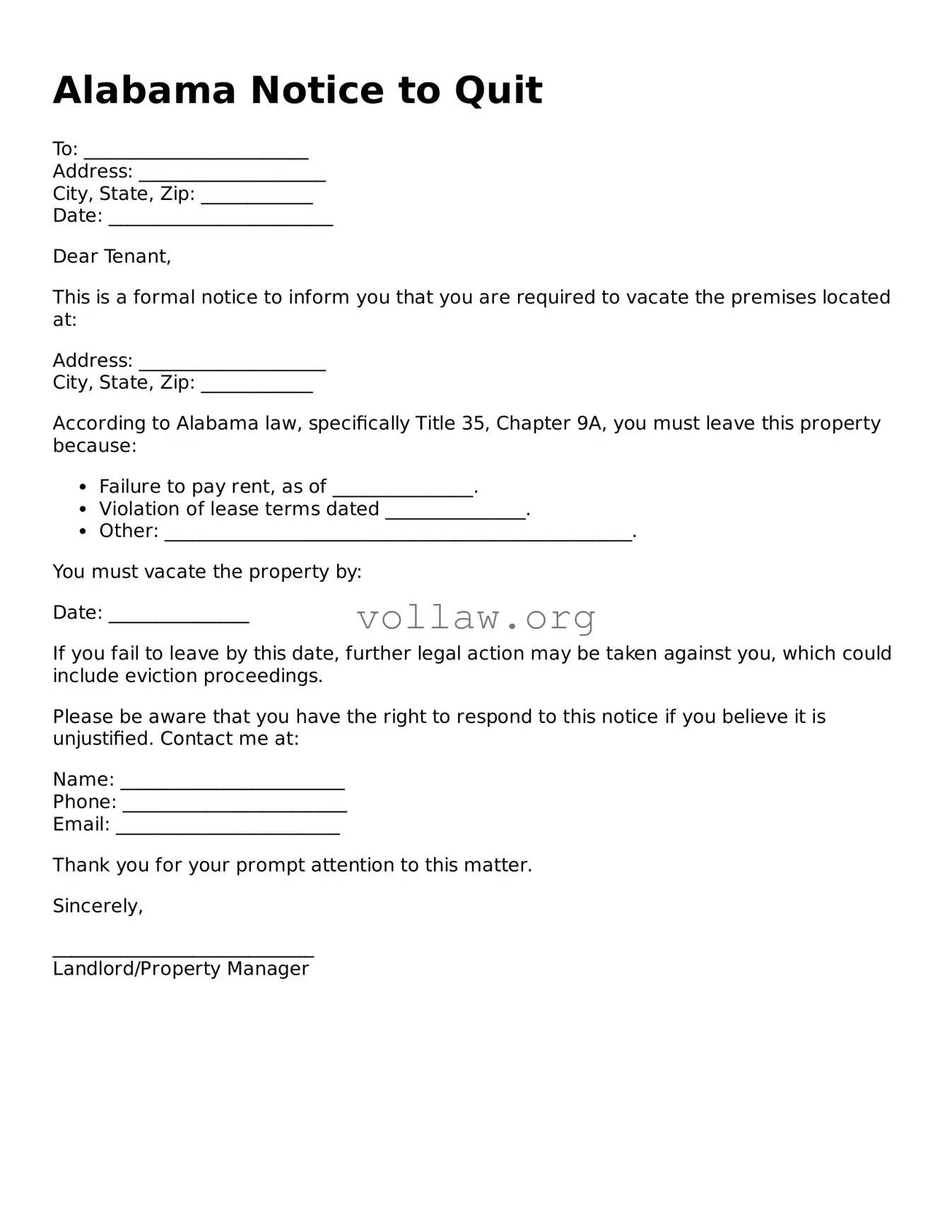 Attorney-Verified  Notice to Quit Form for Alabama