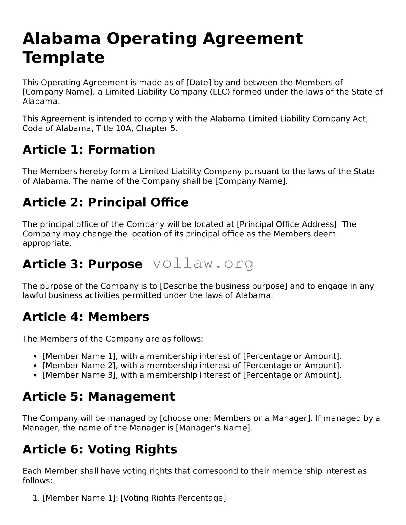 Attorney-Verified  Operating Agreement Form for Alabama
