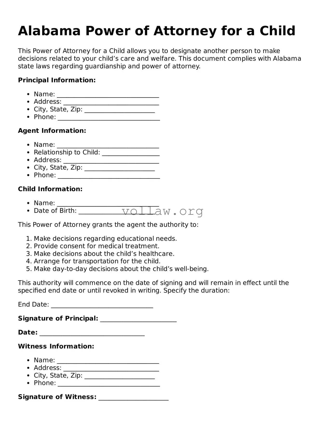 Attorney-Verified  Power of Attorney for a Child Form for Alabama