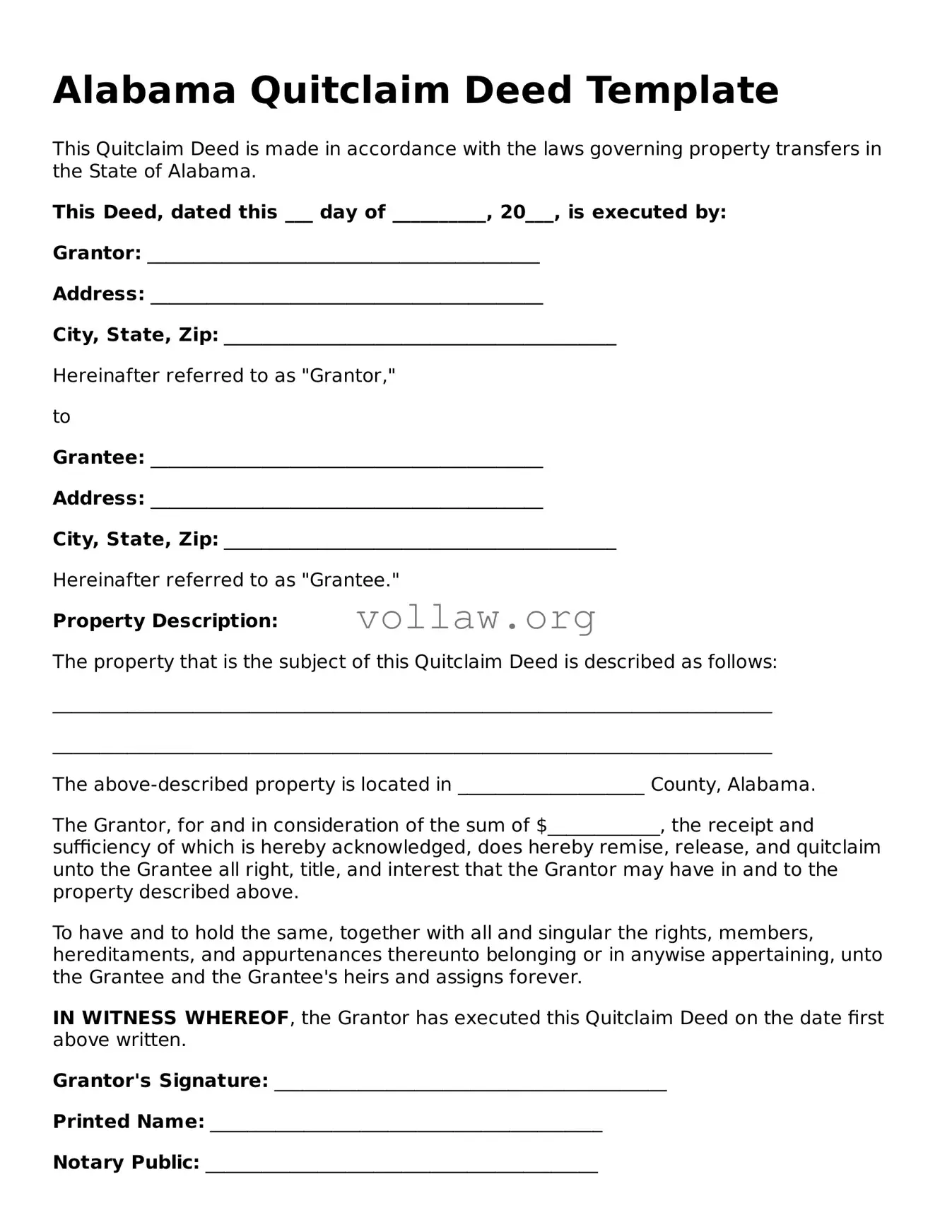 Attorney-Verified  Quitclaim Deed Form for Alabama