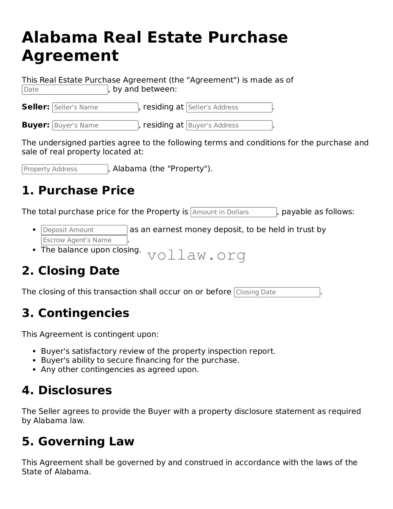 Attorney-Verified  Real Estate Purchase Agreement Form for Alabama