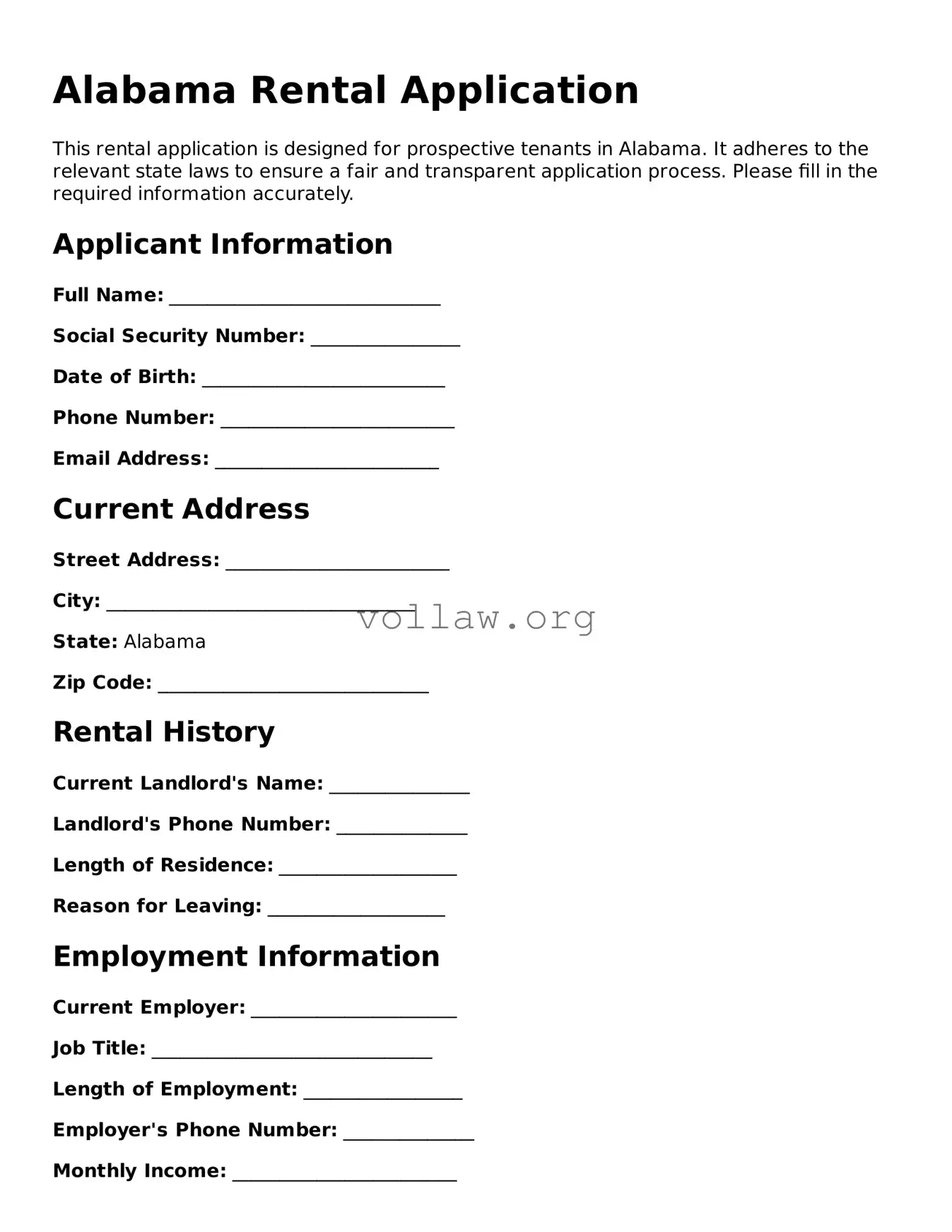 Attorney-Verified  Rental Application Form for Alabama