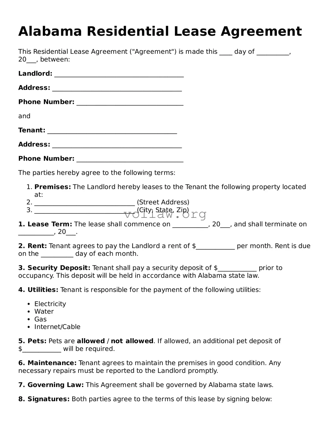 Attorney-Verified  Residential Lease Agreement Form for Alabama