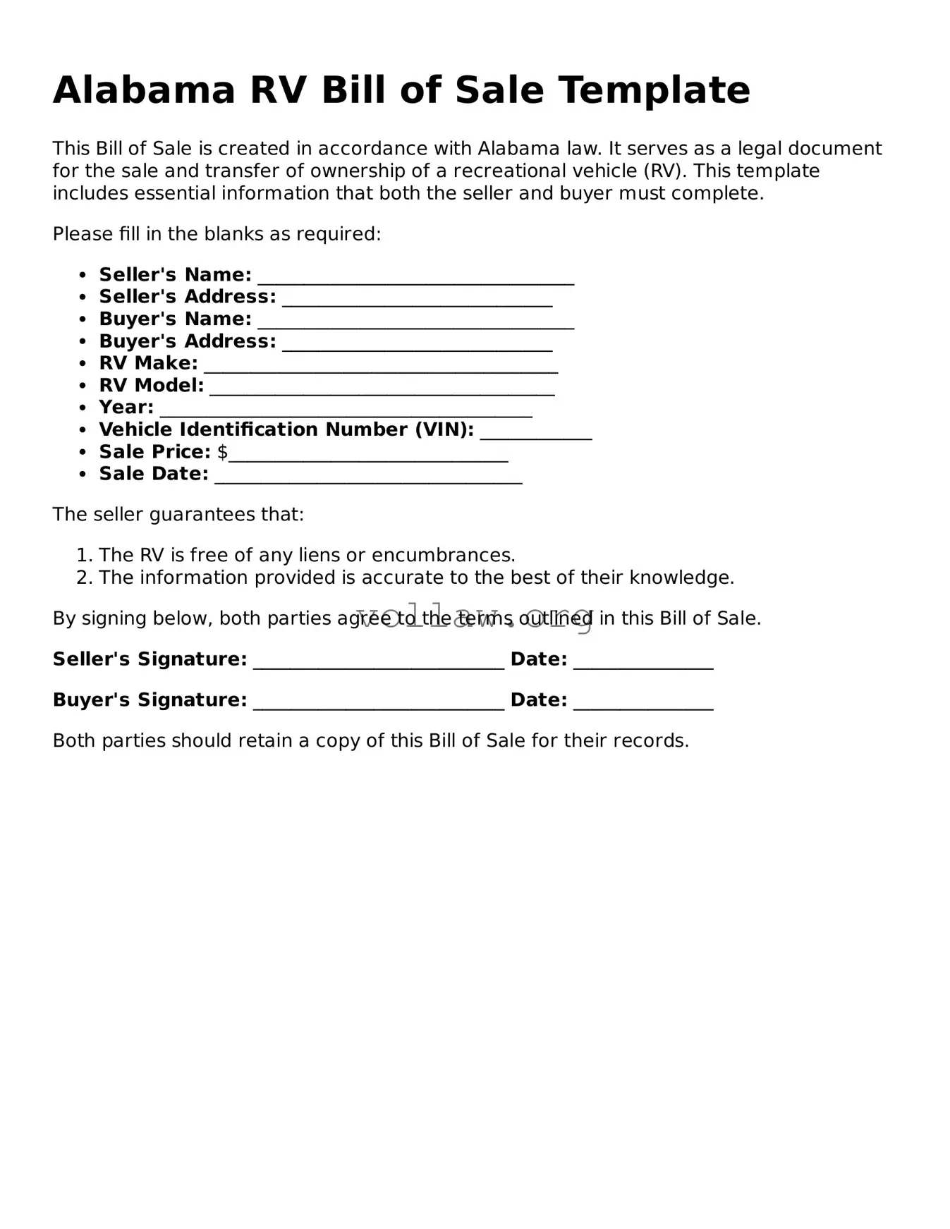 Attorney-Verified  RV Bill of Sale Form for Alabama