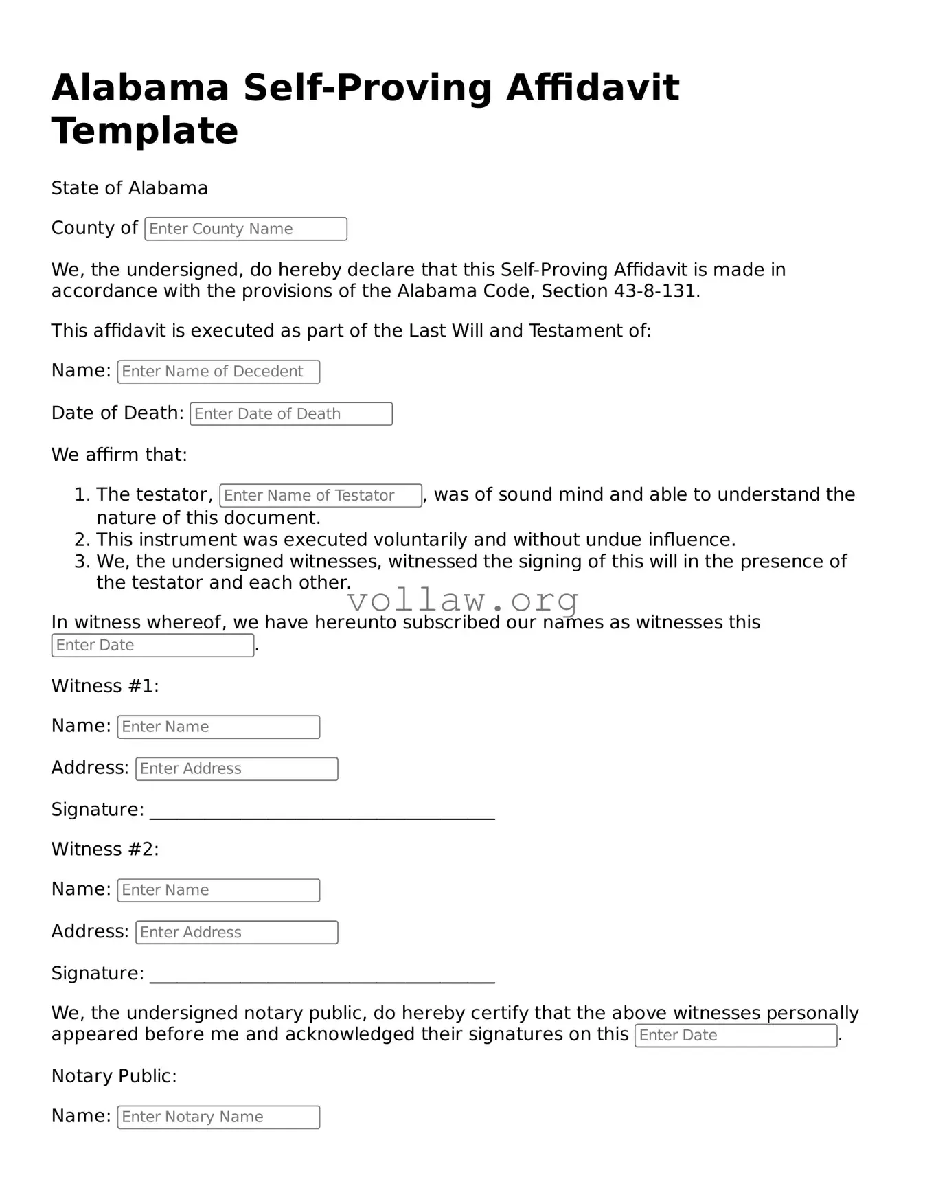 Attorney-Verified  Self-Proving Affidavit Form for Alabama