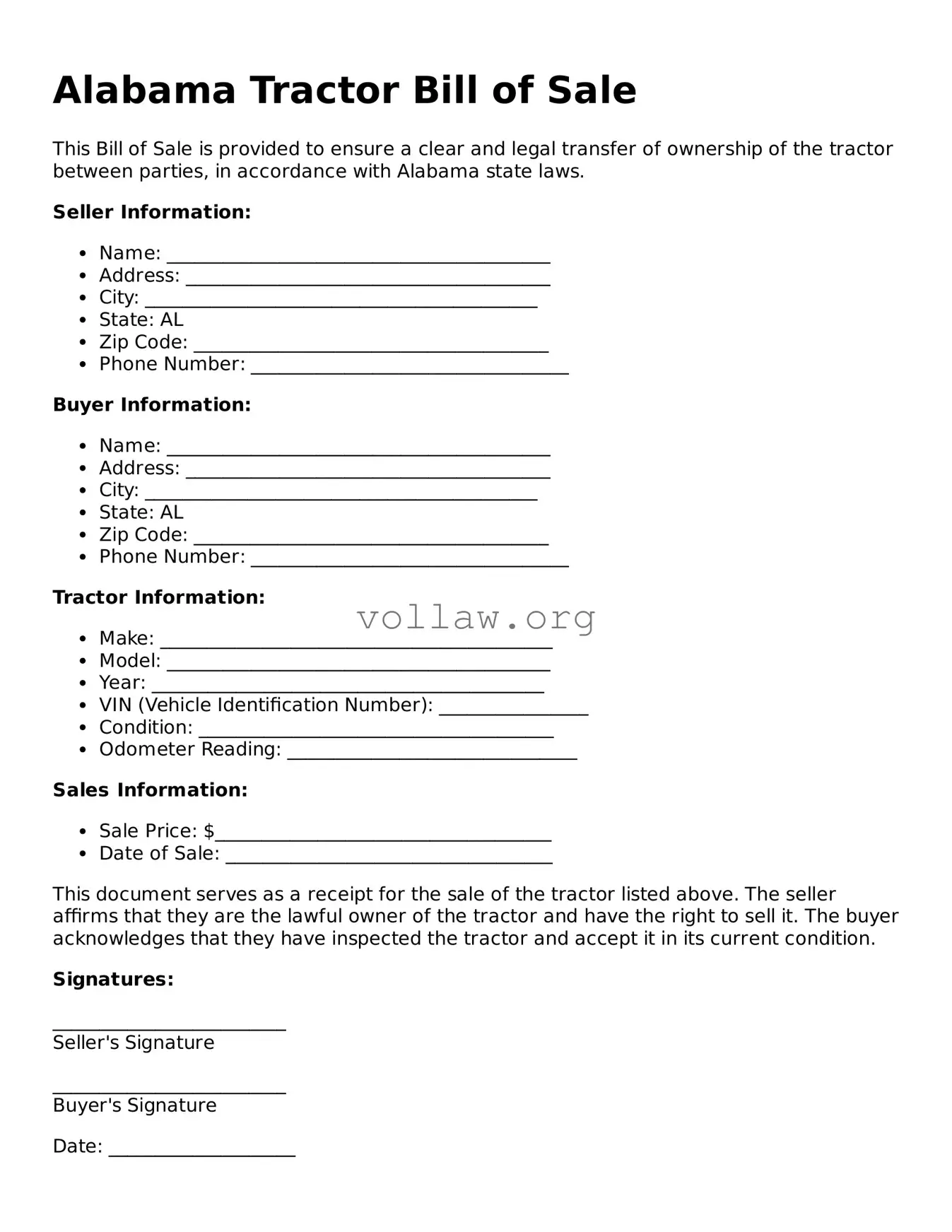 Attorney-Verified  Tractor Bill of Sale Form for Alabama