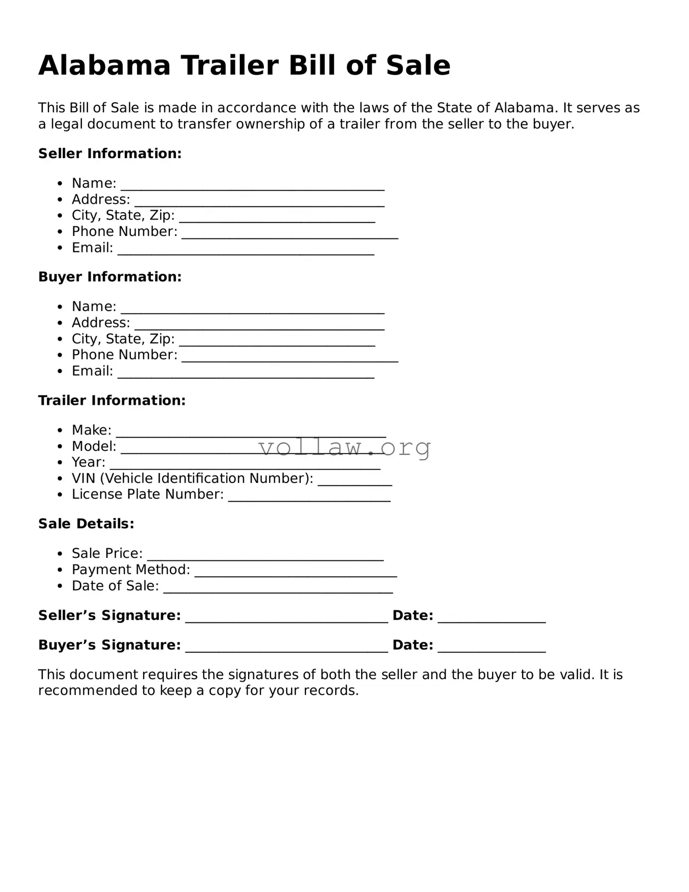 Attorney-Verified  Trailer Bill of Sale Form for Alabama