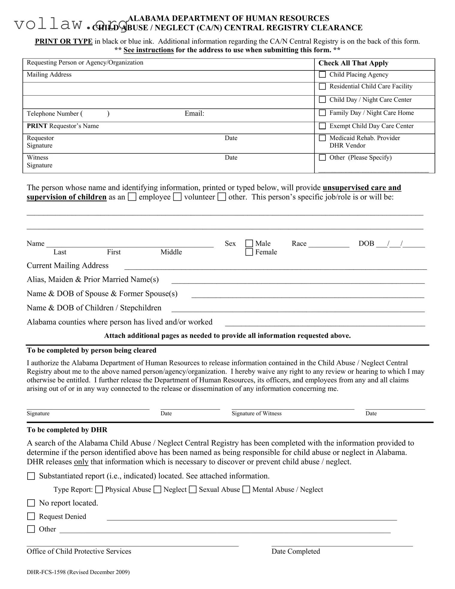 Alabama Central Registry Clearance Template