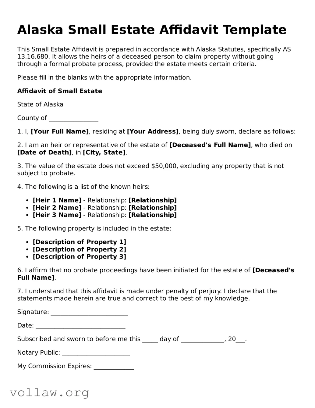 Attorney-Verified  Small Estate Affidavit Form for Alaska
