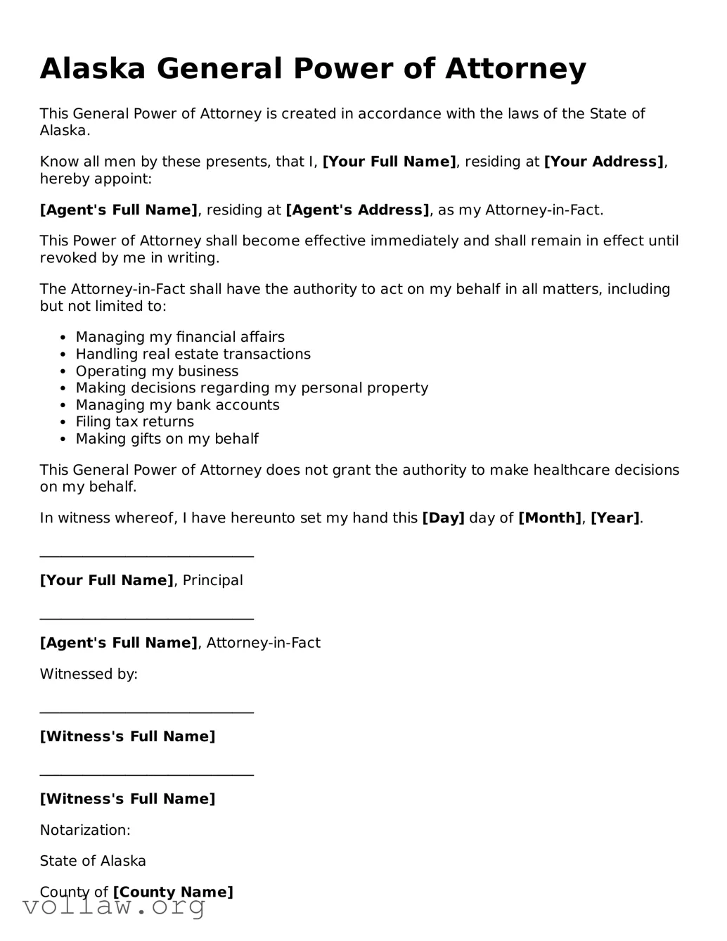 Attorney-Verified  General Power of Attorney Form for Alaska