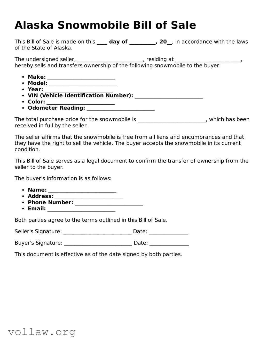 Attorney-Verified  Snowmobile Bill of Sale Form for Alaska