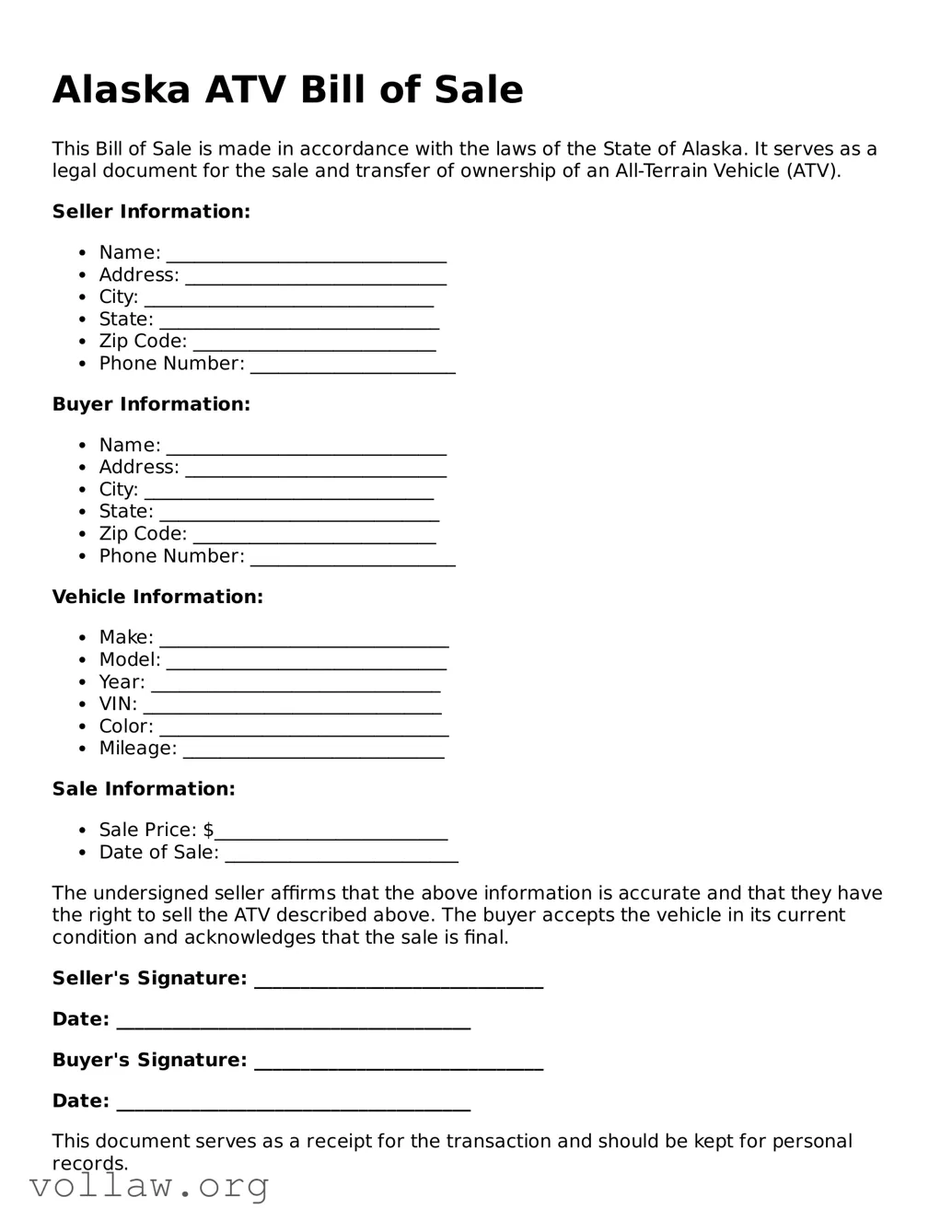 Attorney-Verified  ATV Bill of Sale Form for Alaska