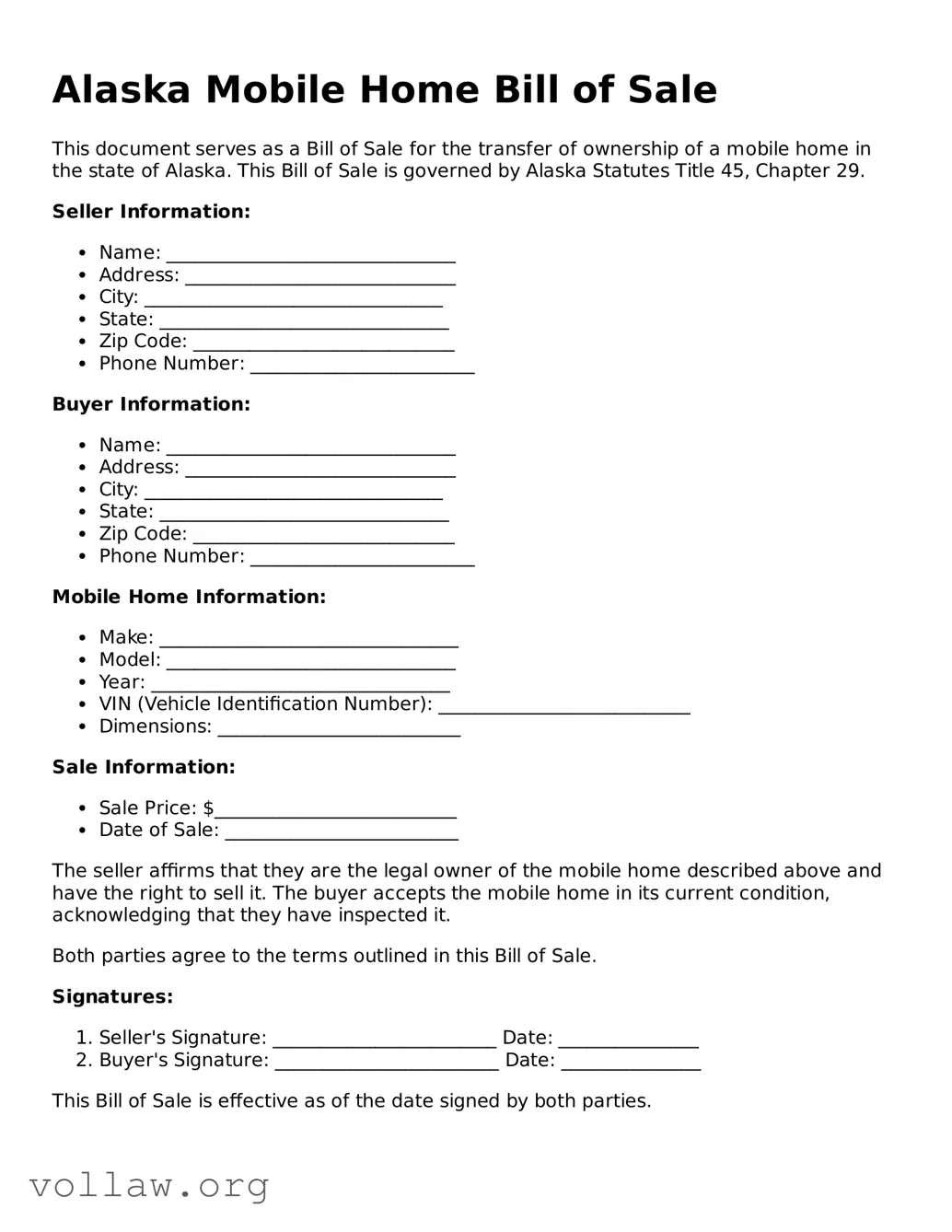 Attorney-Verified  Mobile Home Bill of Sale Form for Alaska