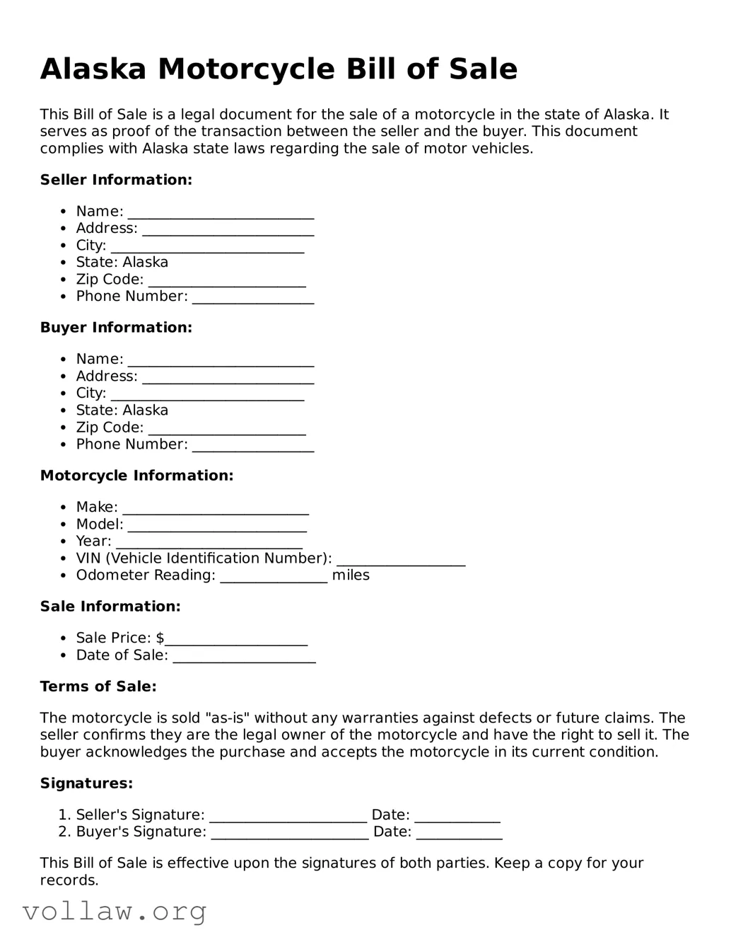 Attorney-Verified  Motorcycle Bill of Sale Form for Alaska