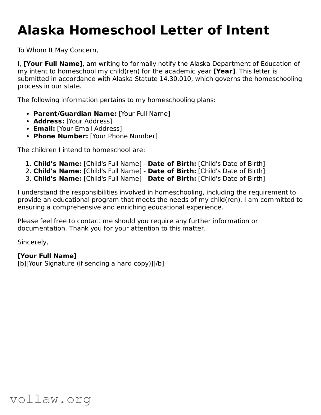 Attorney-Verified  Homeschool Letter of Intent Form for Alaska
