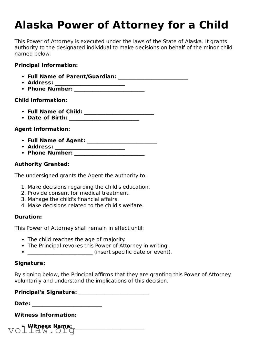 Attorney-Verified  Power of Attorney for a Child Form for Alaska