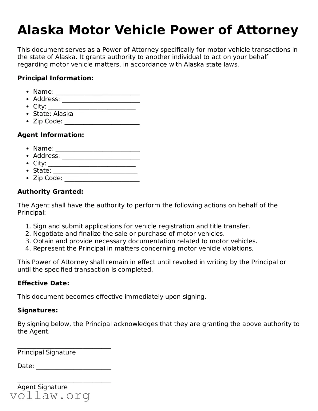 Attorney-Verified  Motor Vehicle Power of Attorney Form for Alaska