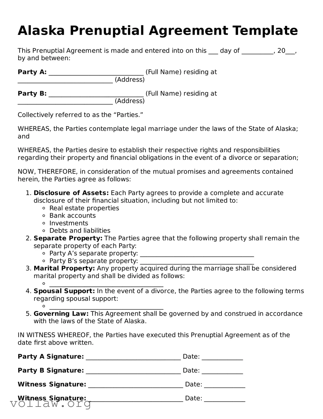 Attorney-Verified  Prenuptial Agreement Form for Alaska